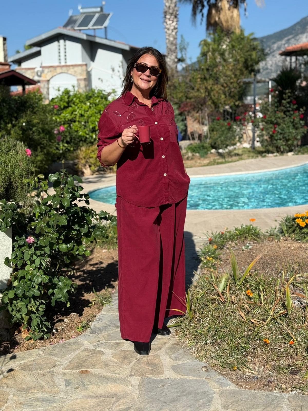 NC25446 İtalyan Kadife Pullu Pantolon Bluz Takım Bordo