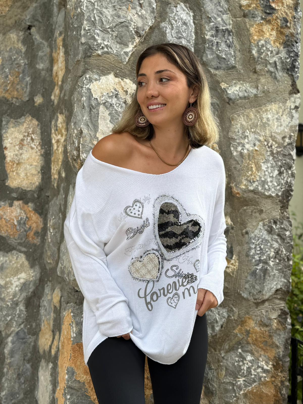 LS6211 İtalyan Kalp Desenli Triko Bluz Beyaz