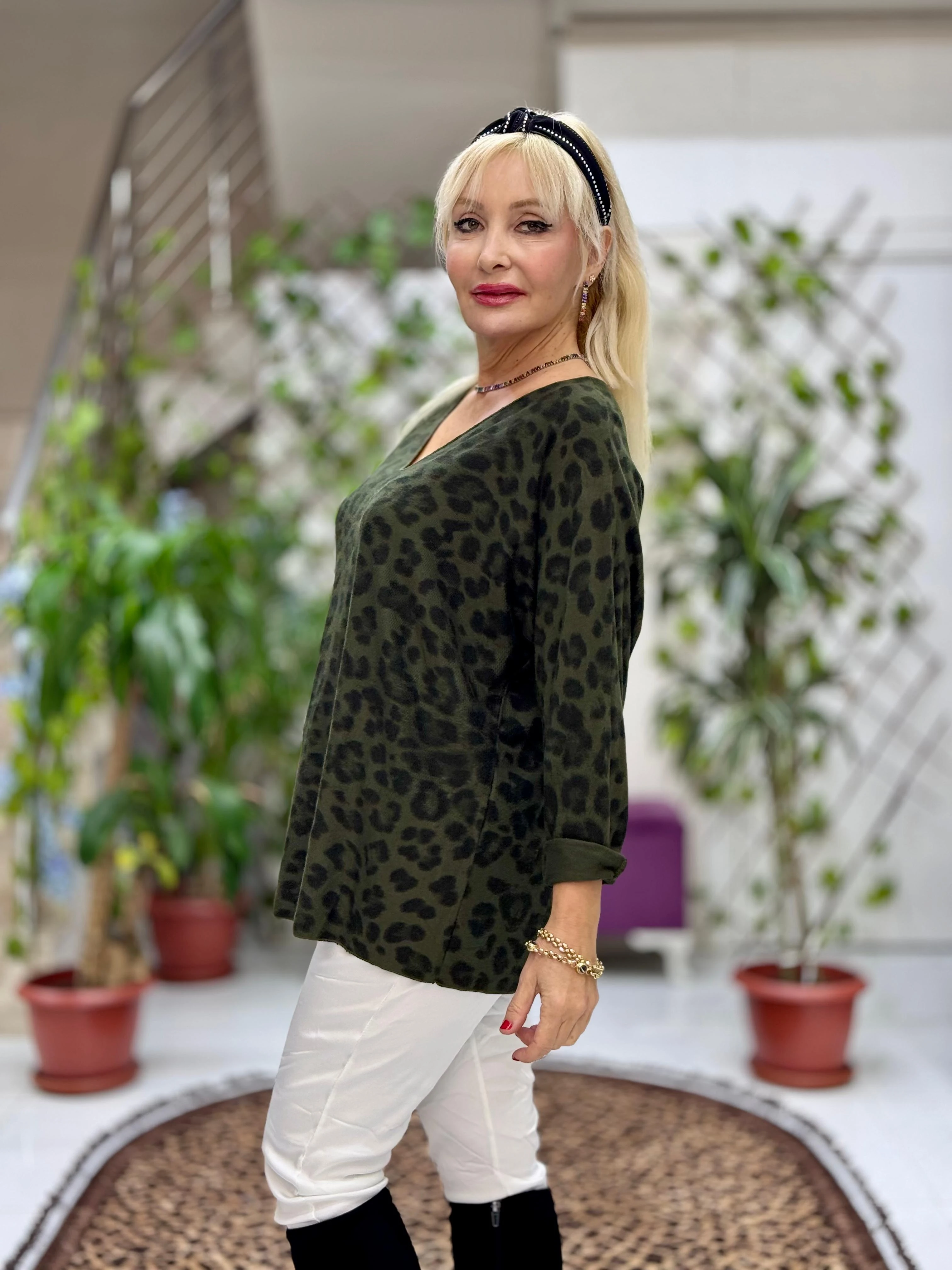 YG6266 Leopar Desenli İtalyan Triko Bluz Haki