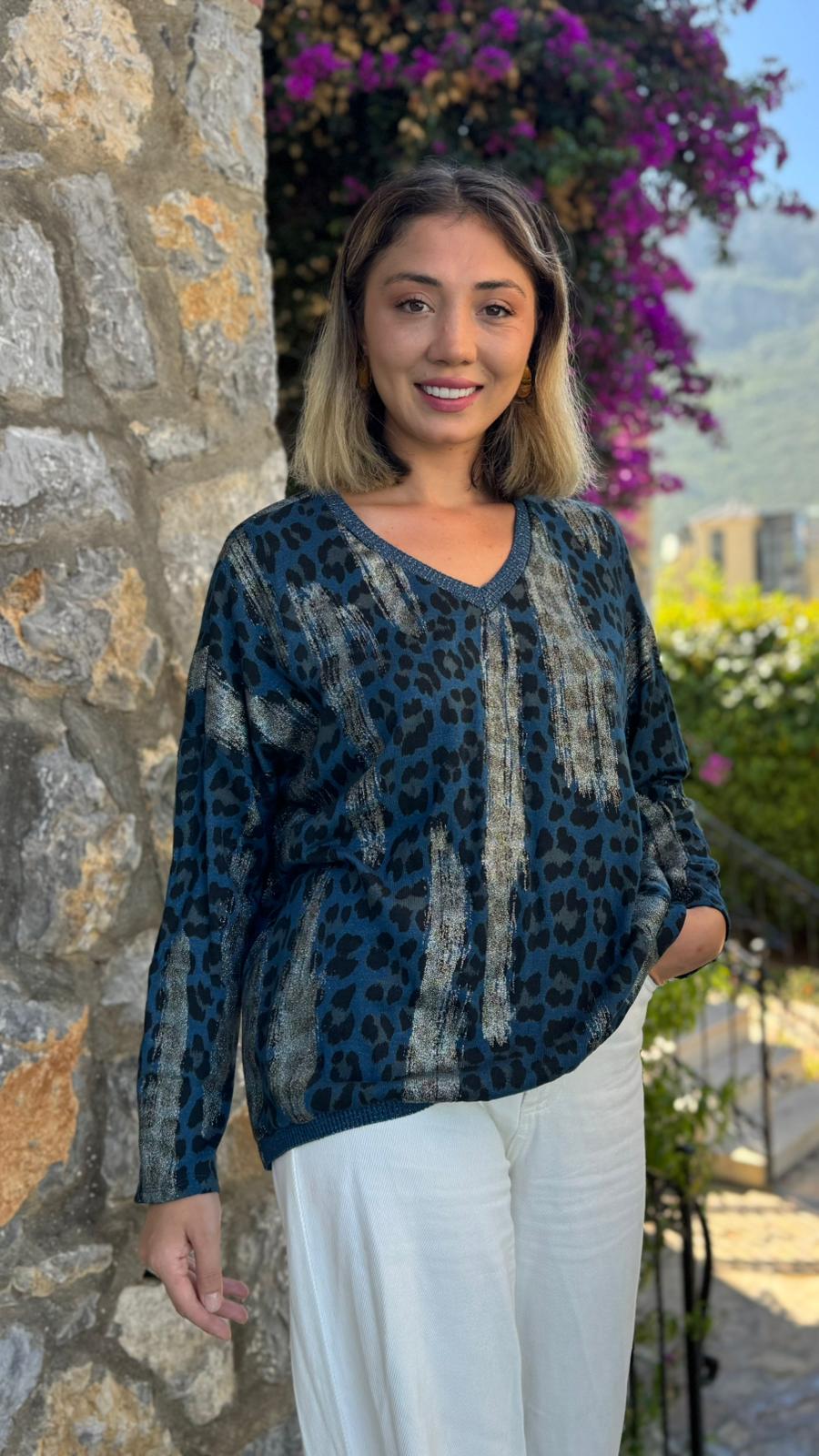 P245010 İtalyan Simli Leopar Bluz Lacivert