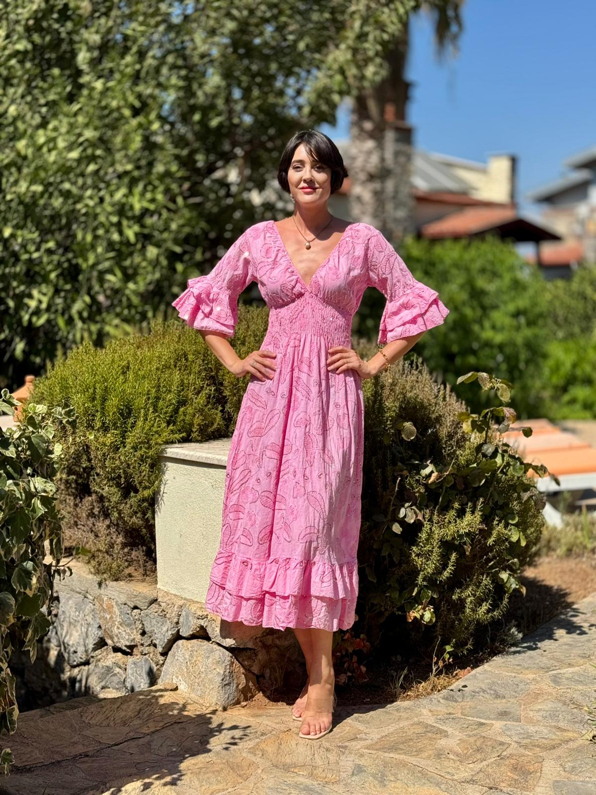 NC10995 İtalyan Pul Payetli Beli Lastikli Coton Elbise Pembe