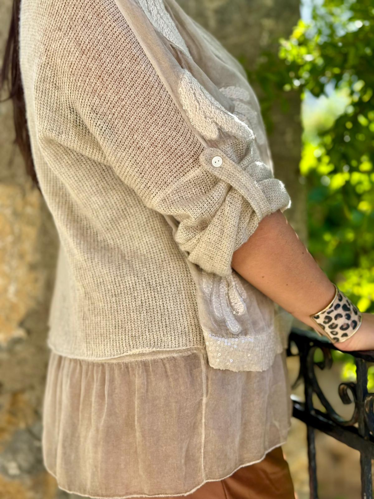 NC0023 Pul Payetli Kabartmalı İpek Triko İtalyan Bluz Krem