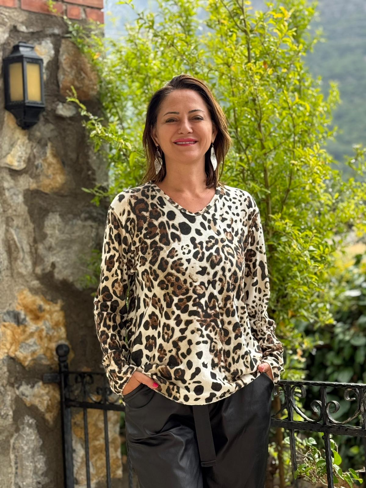 YG5710 Leopar Desenli V Yaka Uzun Kollu İtalyan Triko Bluz Ekru