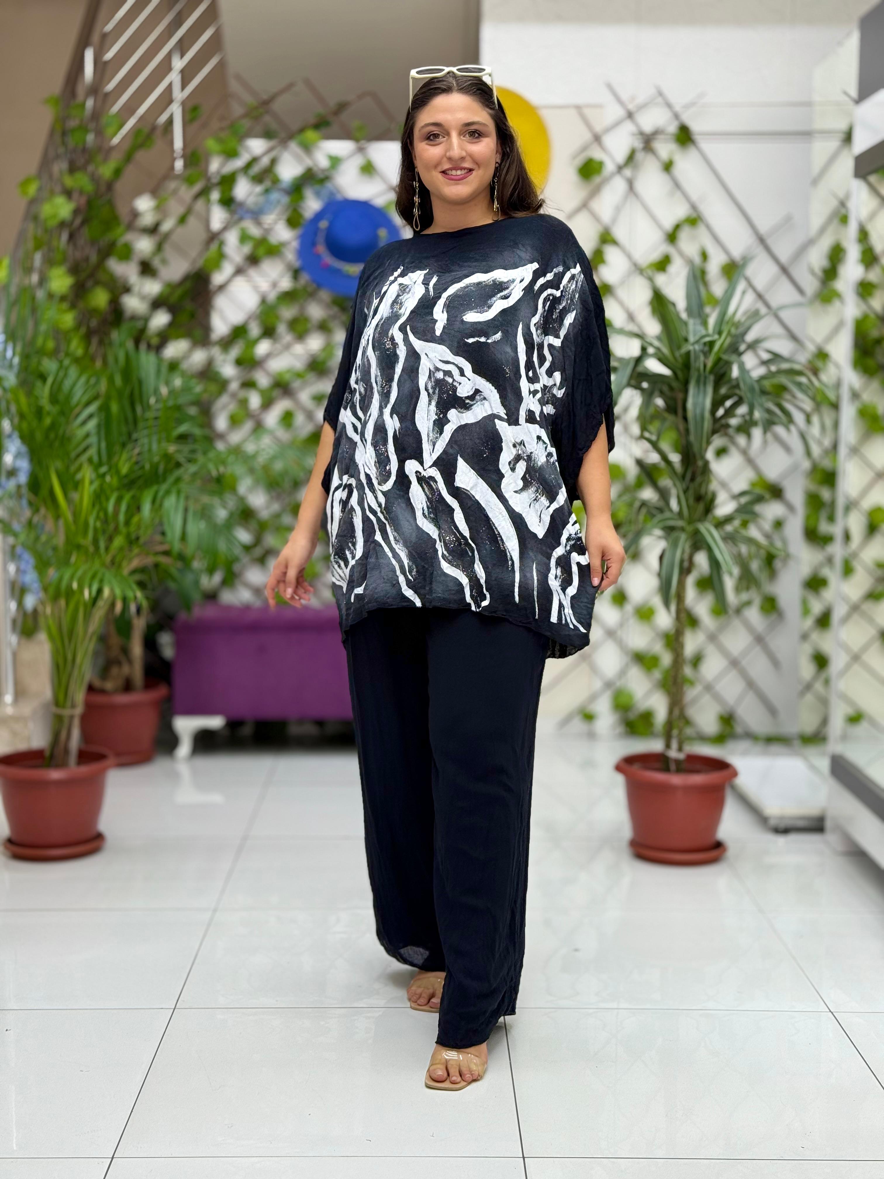 VL3159 %100 Vual Pamuk Bluz Pantolon Takım Siyah