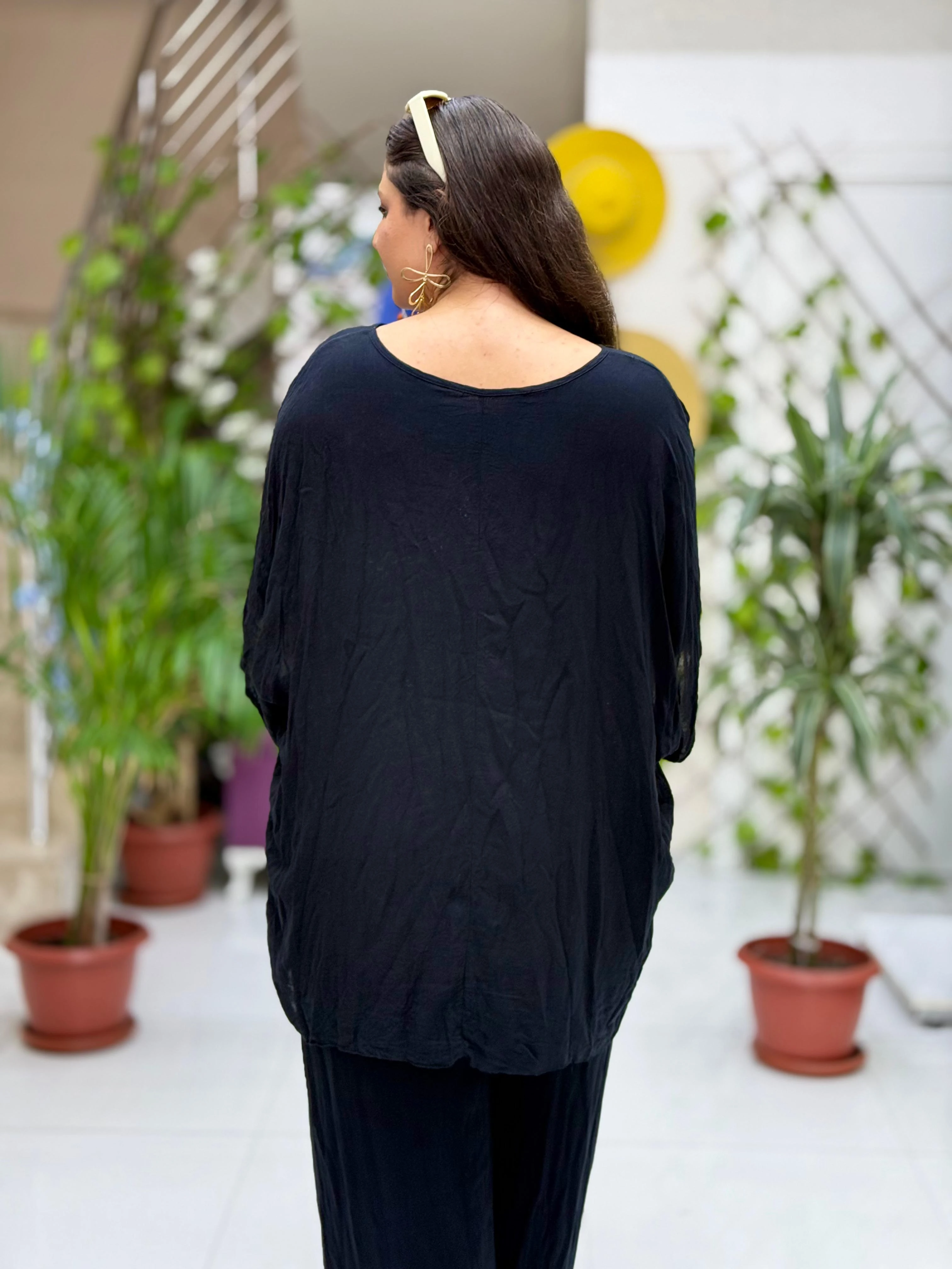 VL3159 %100 Vual Pamuk Bluz Pantolon Takım Siyah