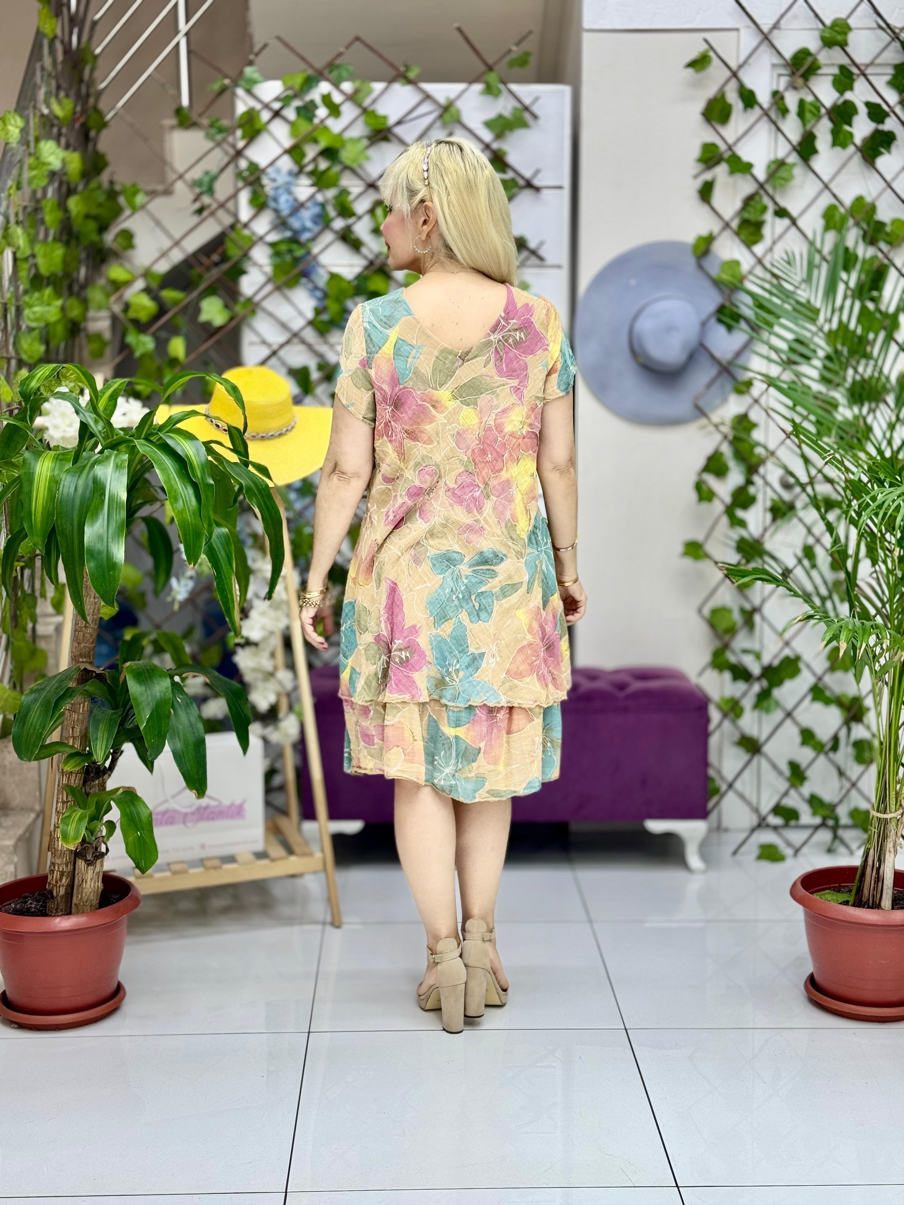 N5012-26 Vestido Italiano Manga Corta Algodón Lino Azul