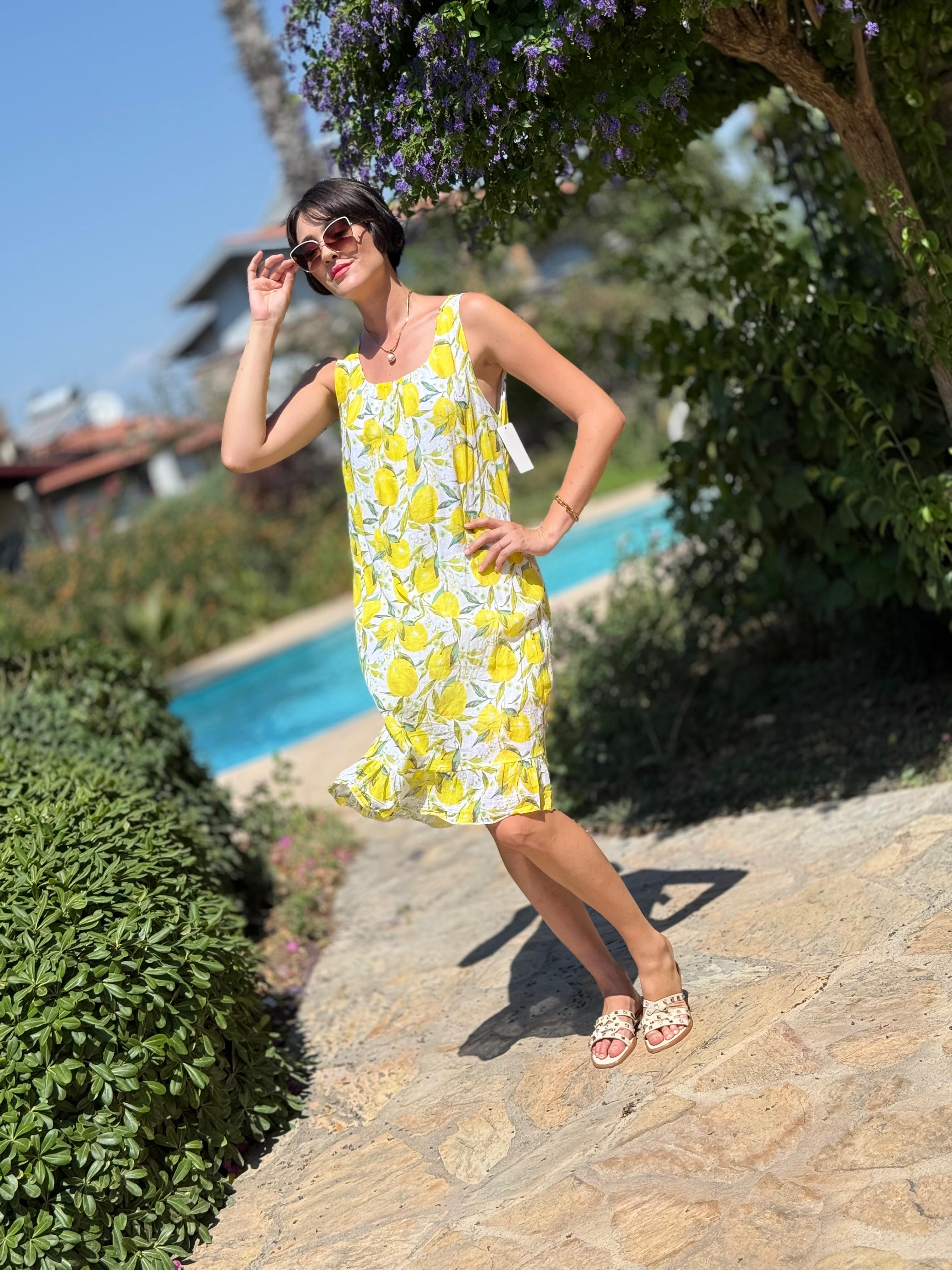 YG205030 İtalyan Coton  Limon Desen Elbise Beyaz