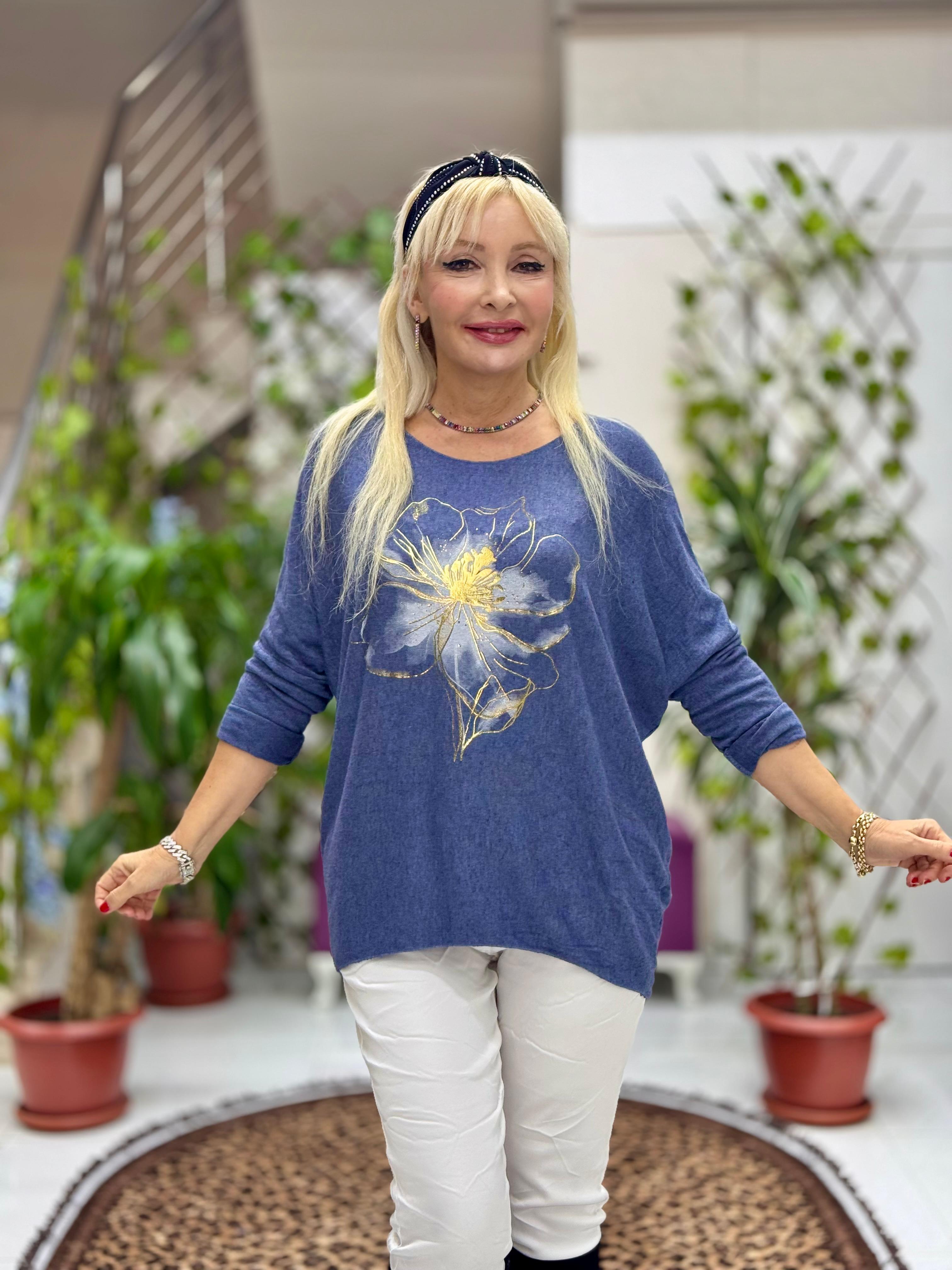 YG3003 Çiçek Baskılı İtalyan Triko Bluz Mavi