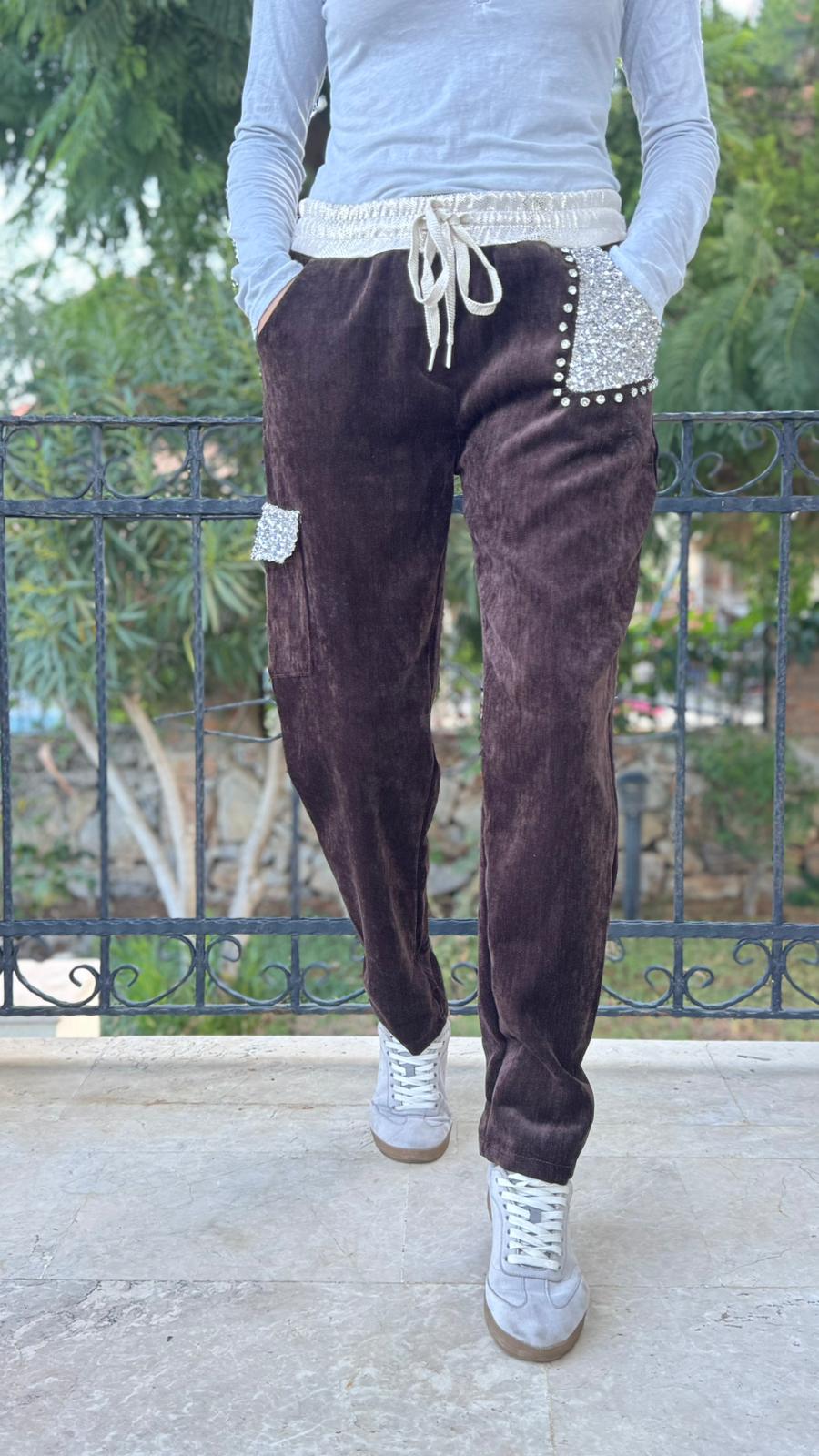 LS13220 İtalyan Cebi Taşlı Kadife Pantolon Kahve