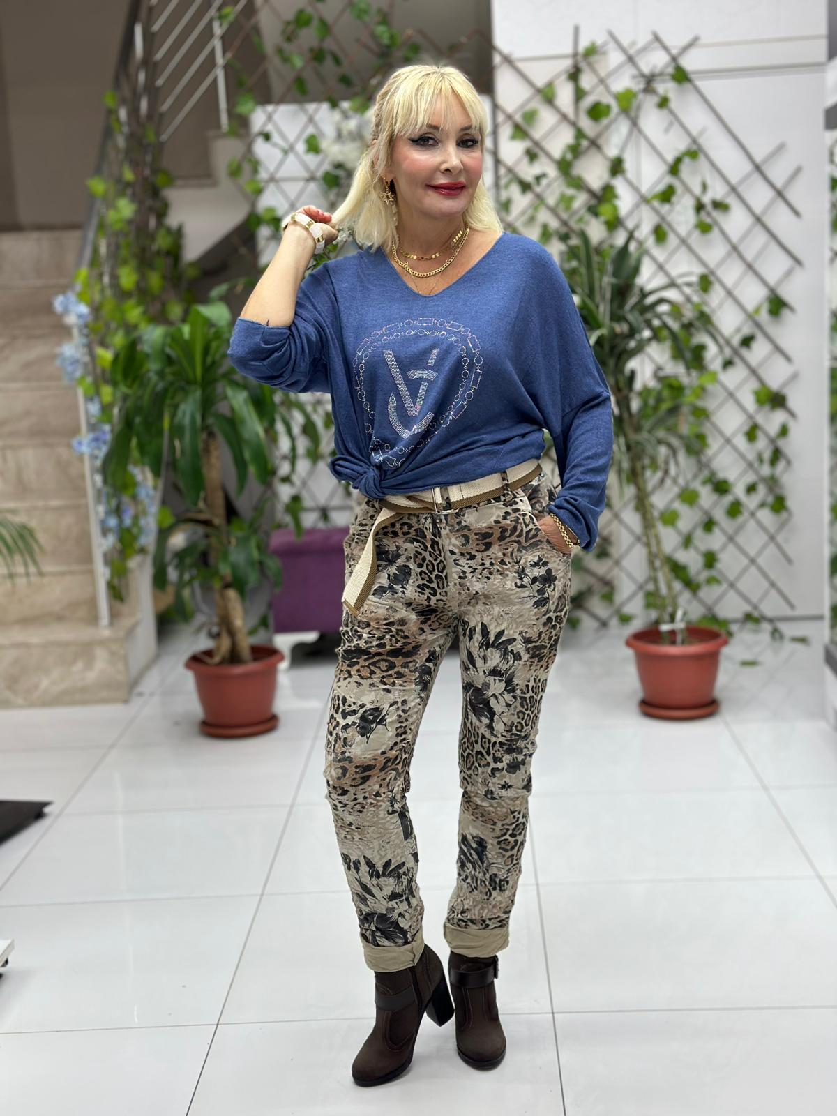 NC21980 italyan Likralı Çiçek ve Leopar desenli Pantolon Bej