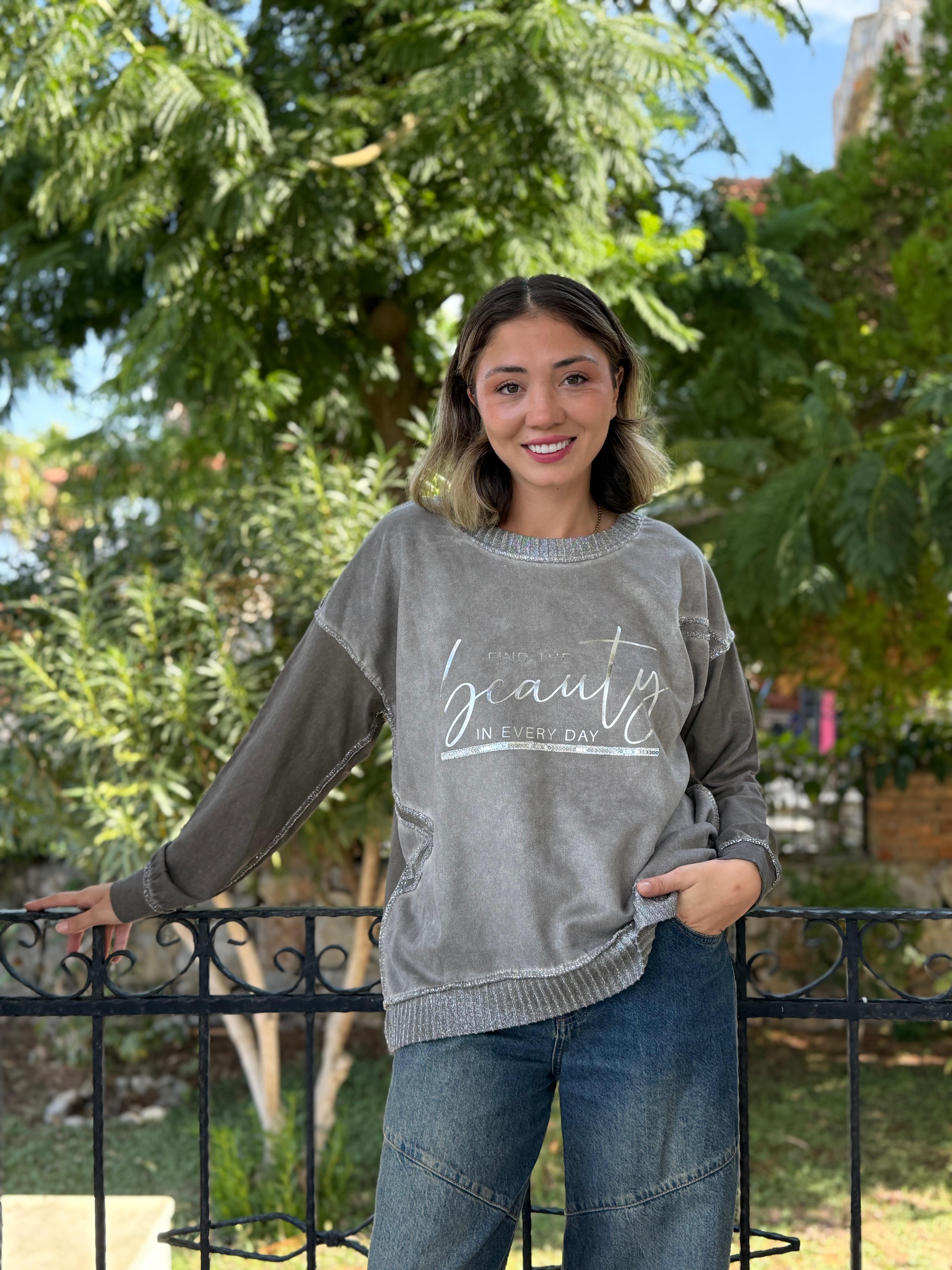 NC50793 İtalyan Beauty Yazılı Coton Sweatshirt Vizon