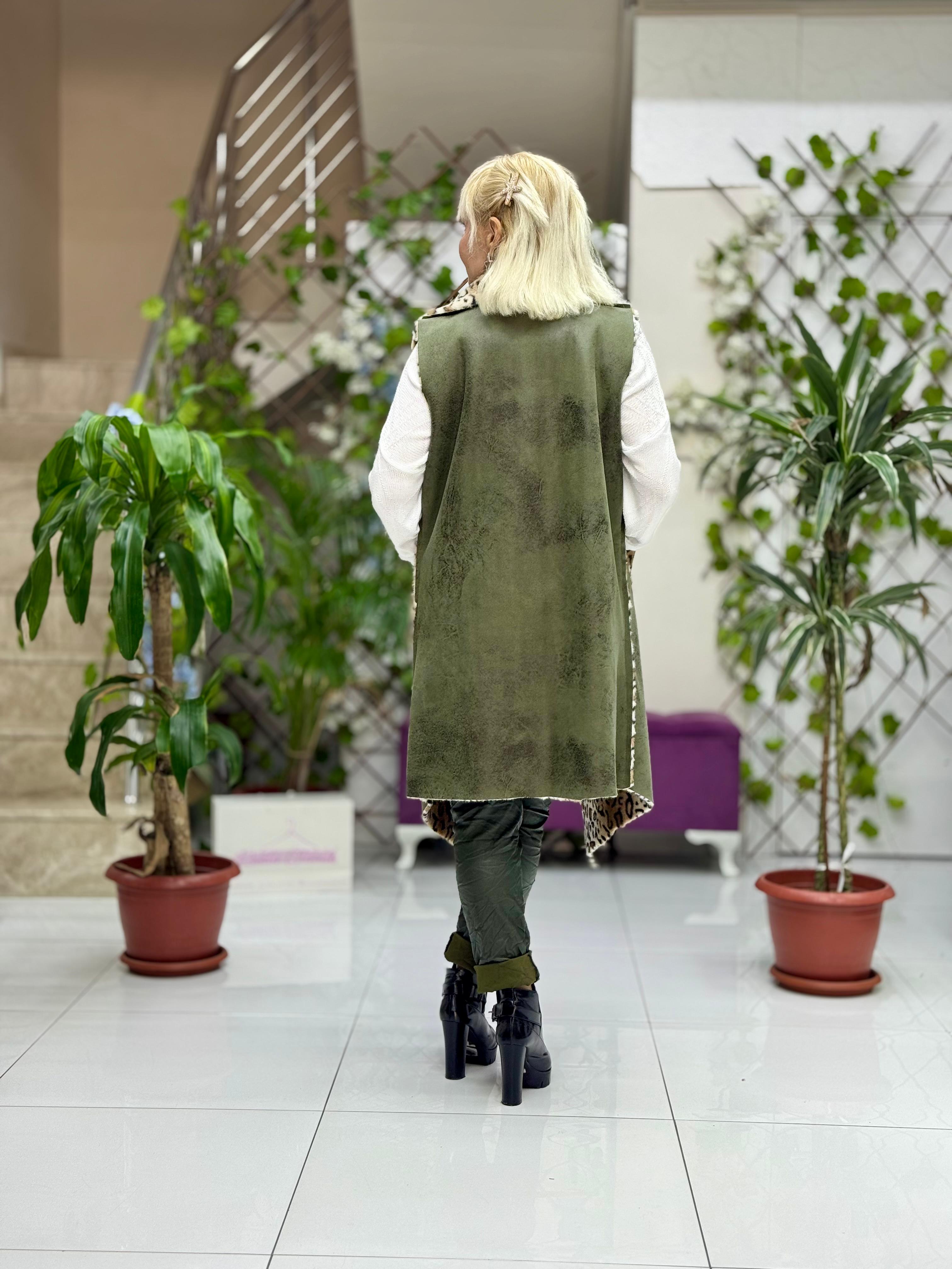 YG3340 Leopar Desenli Kürklü İtalyan Nubuk Yelek Yeşil