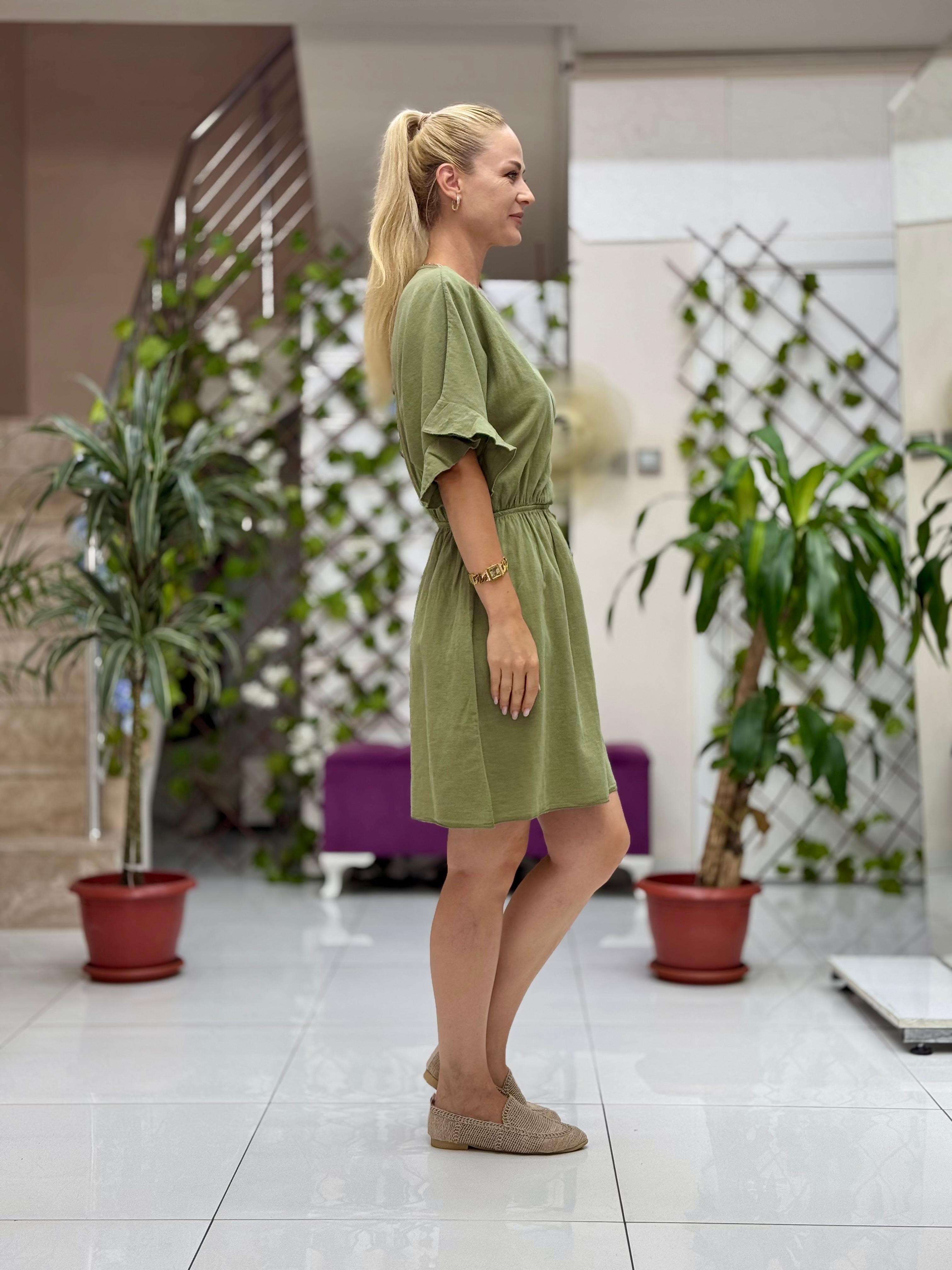 PT25070 Coton Mini Belden Bağlamalı Anvelop Elbise Haki