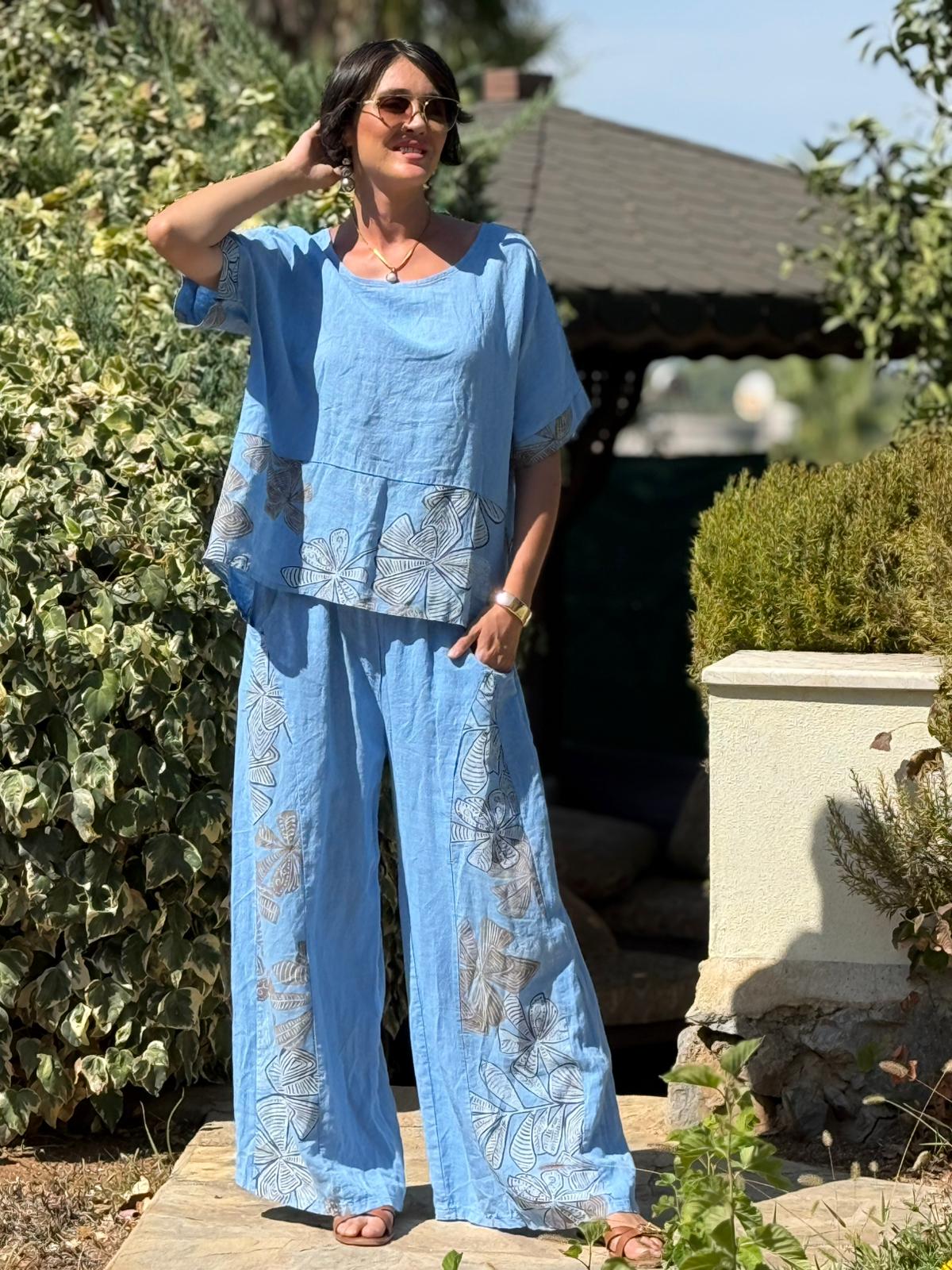 NC61253 İtalyan Çiçek Baskılı Keten Takım Mavi