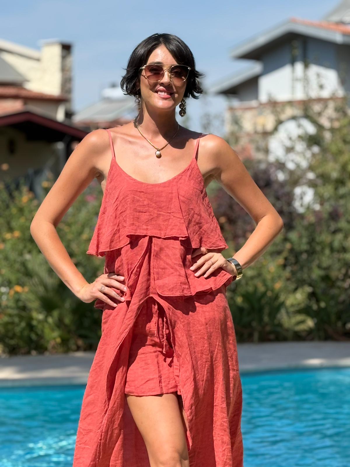 NC13179 İtalyan Keten Şortlu Takım Kiremit