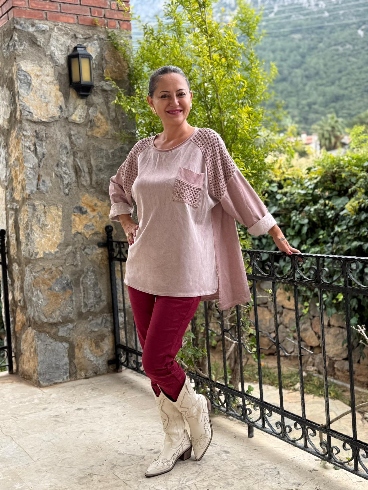 YG2098 Omuz Cep Dantelli Süet İtalyan Sweatshirt Pudra