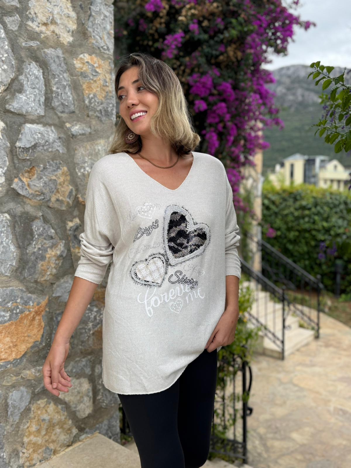 LS6211 İtalyan Kalp Desenli Triko Bluz Bej