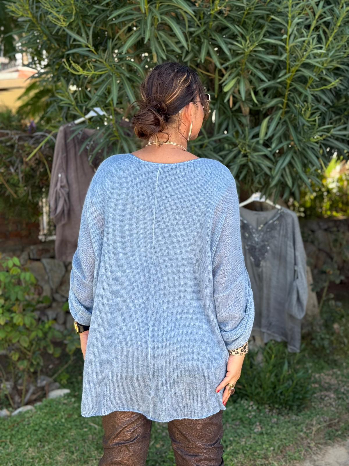 NC1868 Pul Payetli Omuz Dantelli İpek Triko İtalyan Bluz Mavi