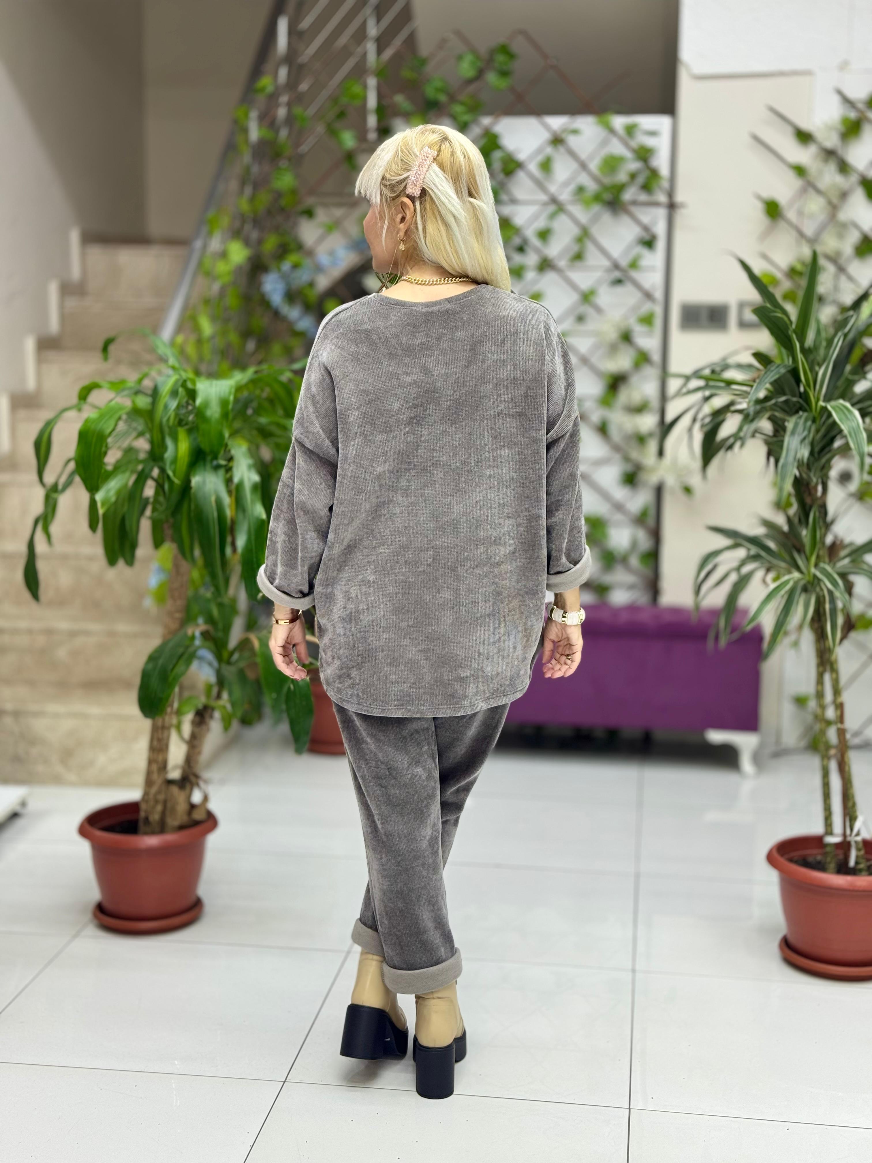 NC24155 Leopar Baskılı İtalyan Kadife Takım Gri