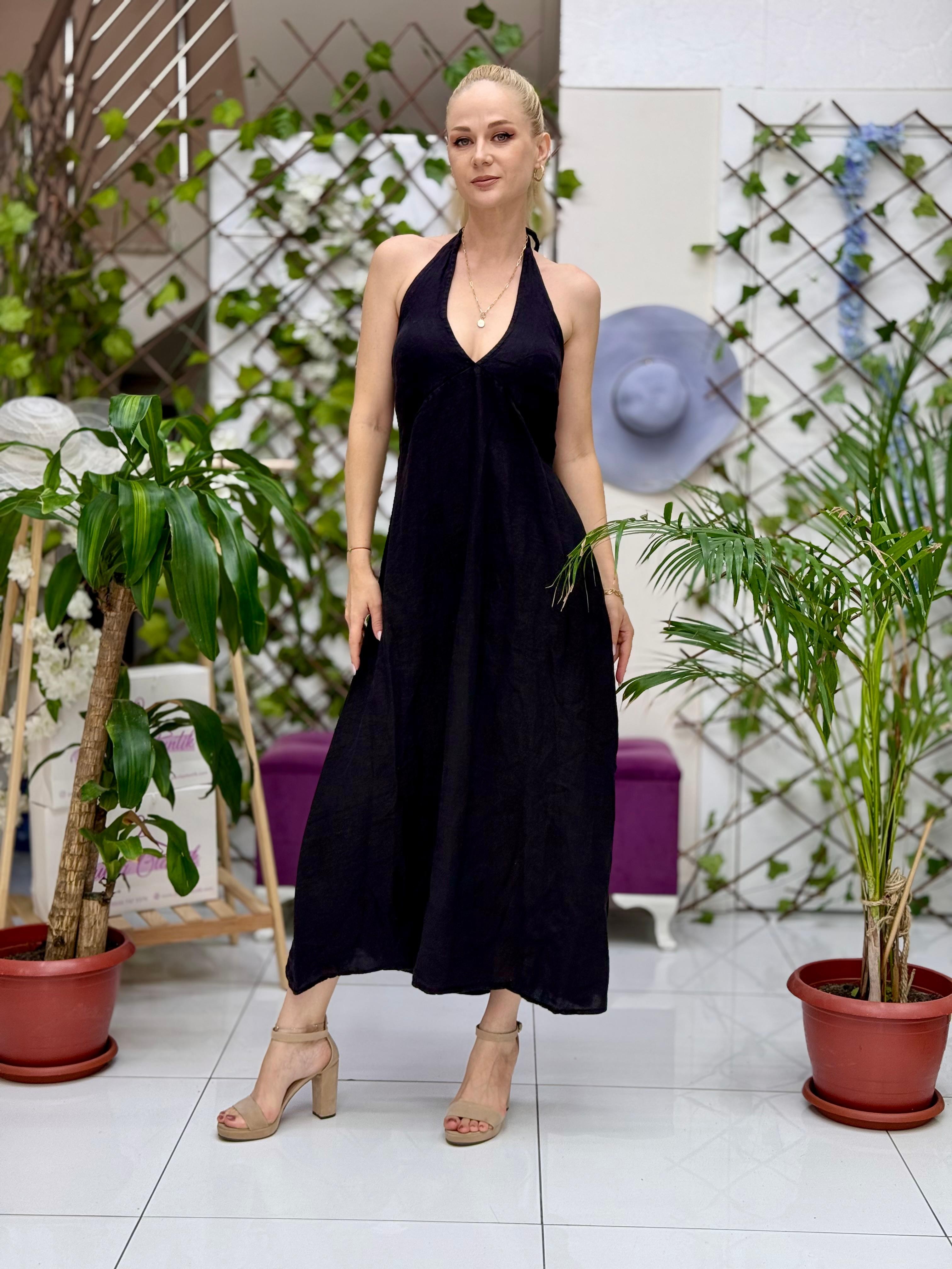 N19118 Vestido Lino Italiano Azul