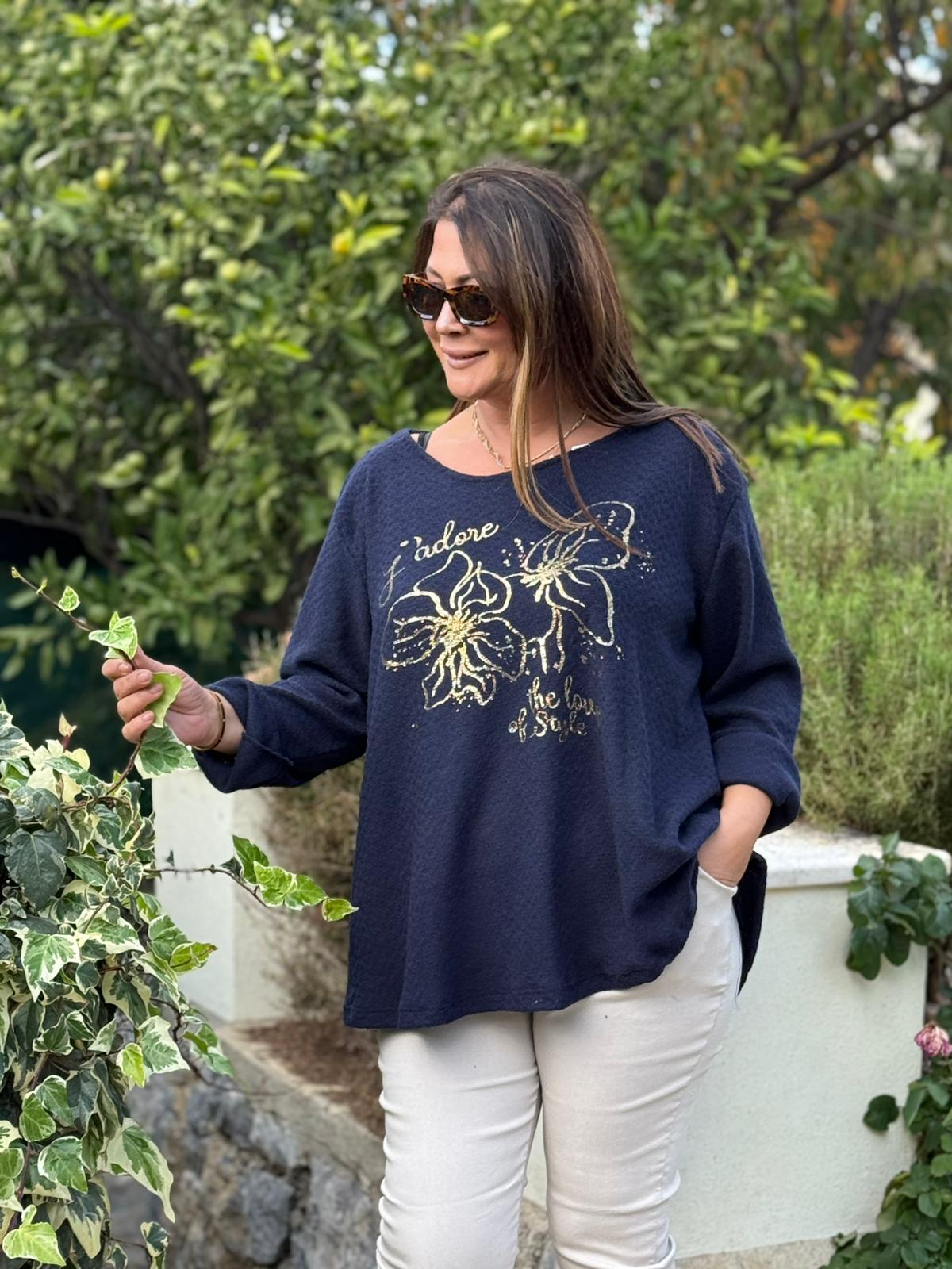 YG31256 İtalyan Kendinden Desenli Çiçek Baskılı Triko Bluz Lacivert