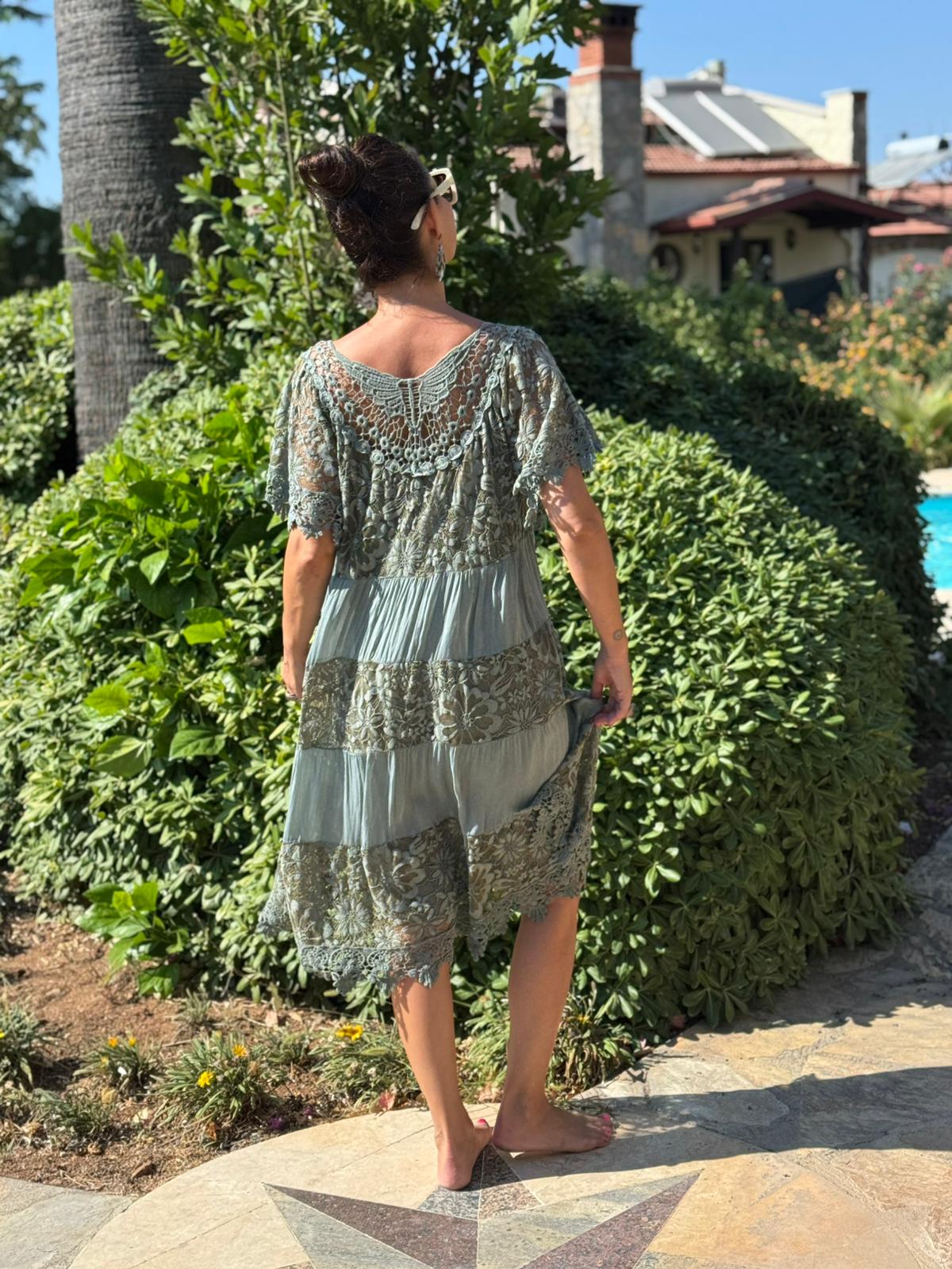 NCC10337 İtalyan İpek Elbise Haki