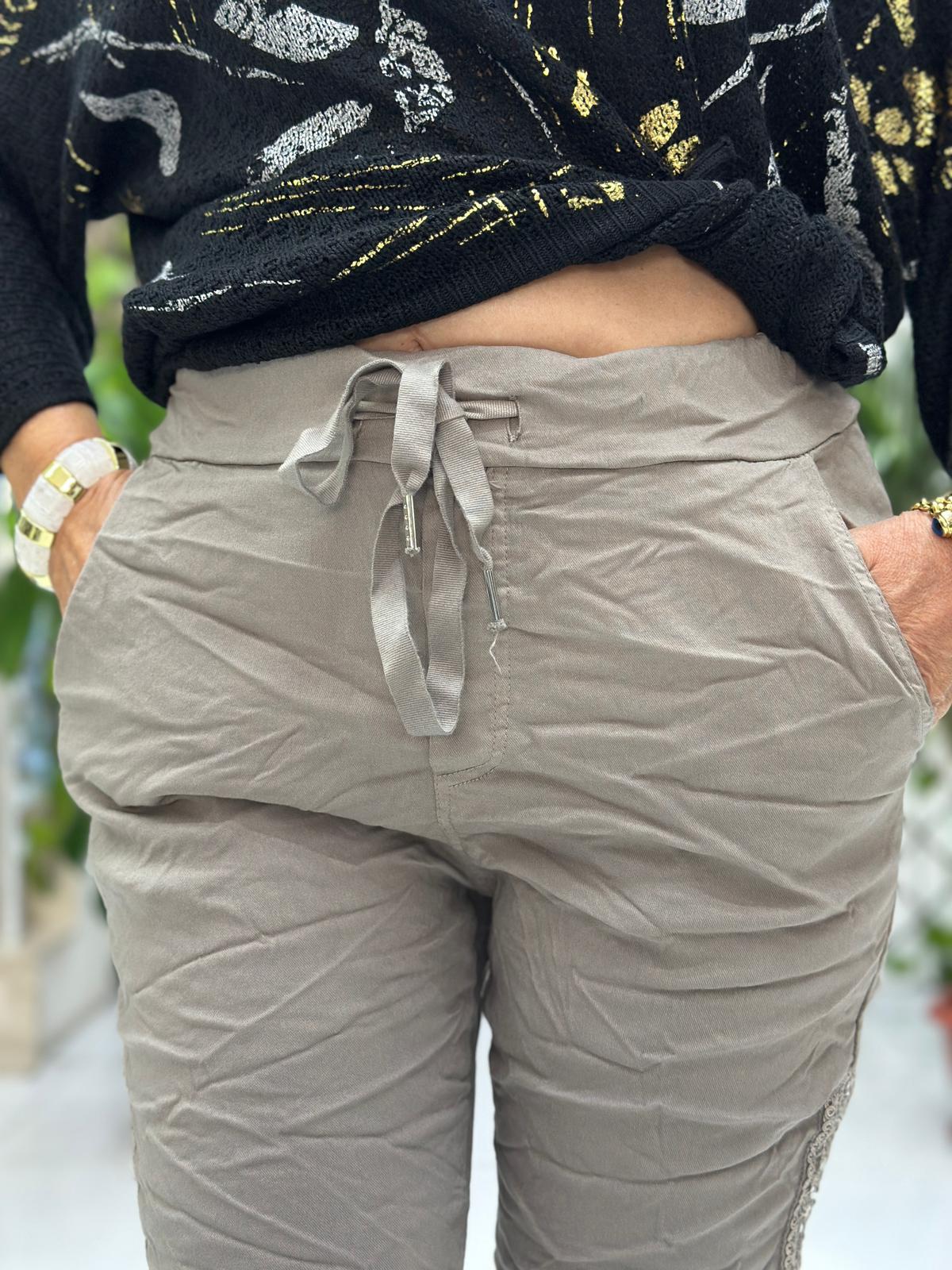 YG60008 İtalyan Yanlar Pulpayet Coton Pantolon Vizon