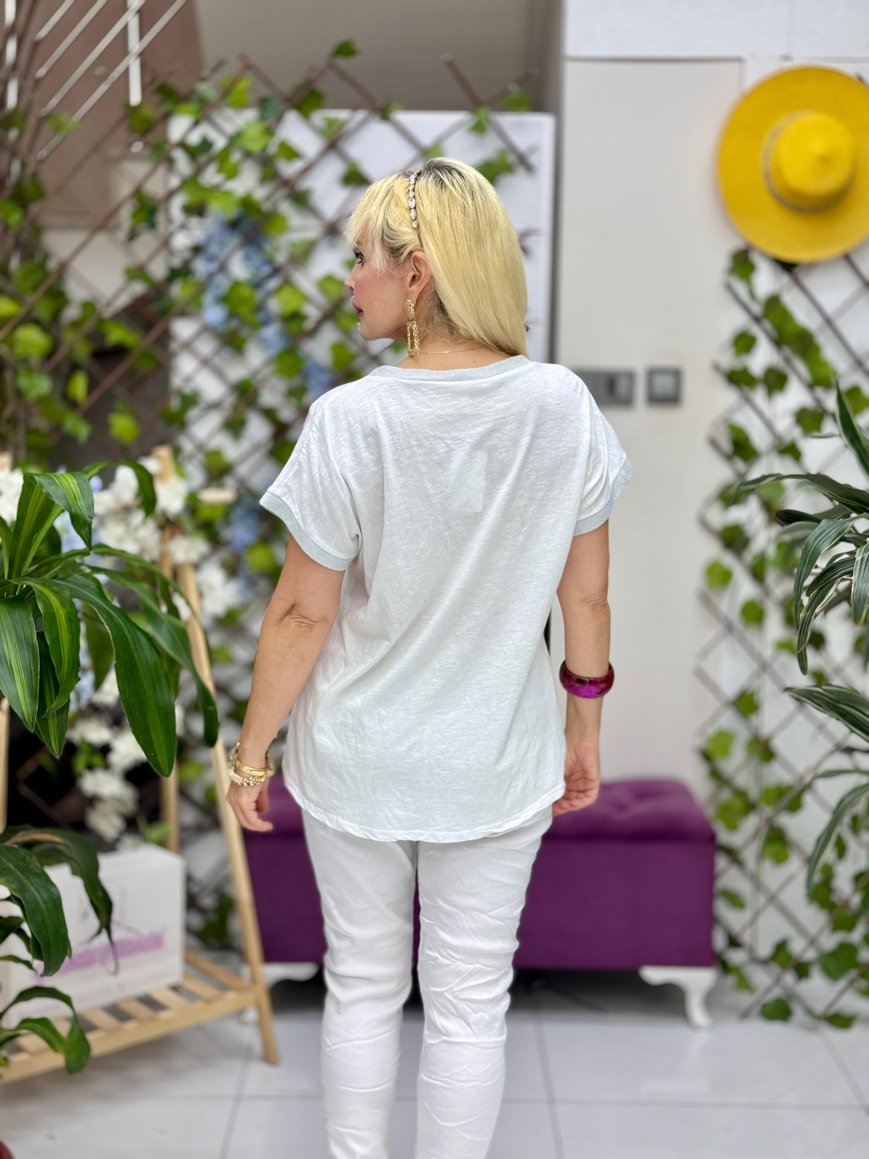 NC41760 İtalyan Yarım Kol Çiçekli Coton Bluz Beyaz