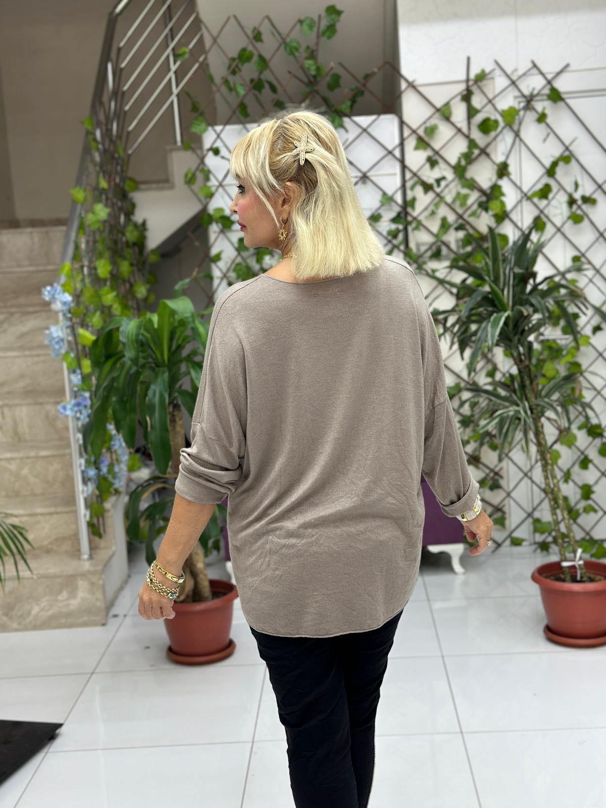 LS82681 İtalyan Taş Baskılı Triko Bluz Vizon