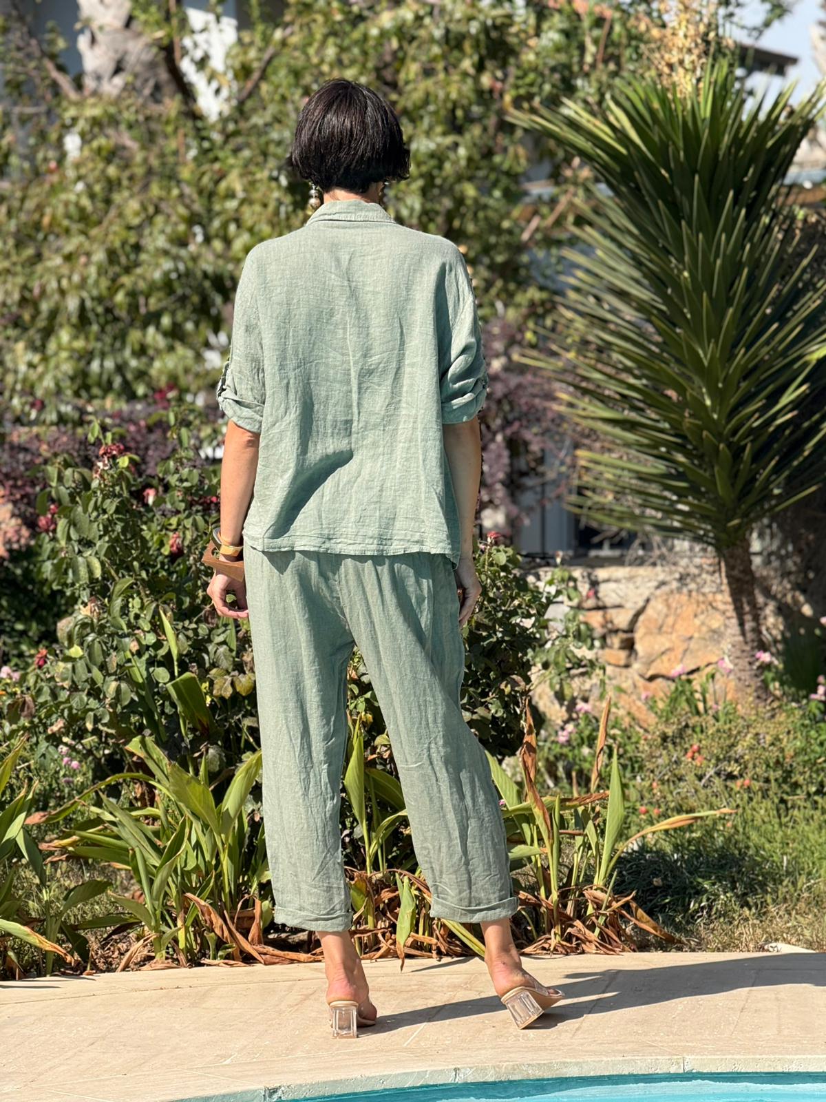 NC303334 İtalyan Pul Payetli Keten Takım Haki