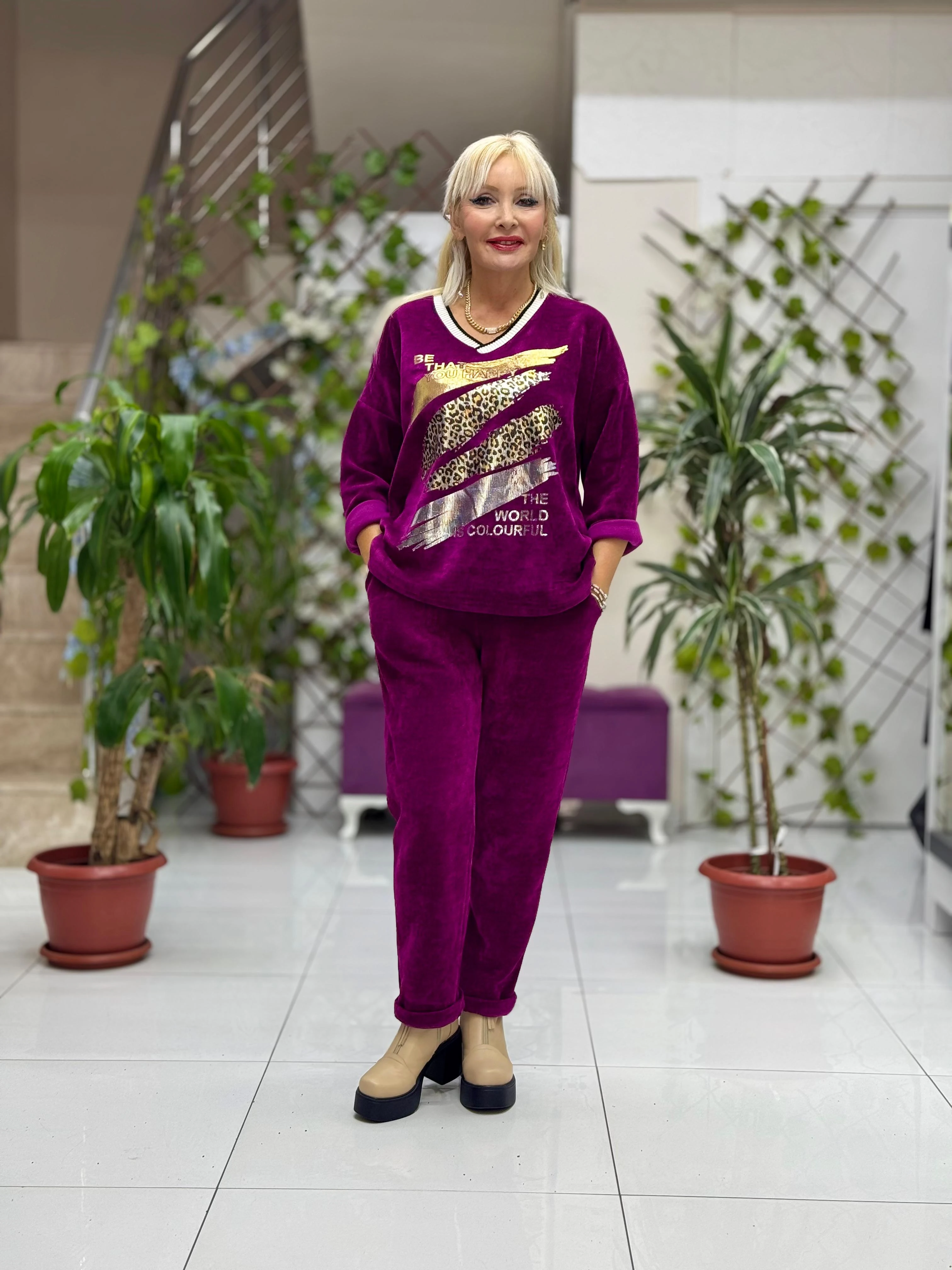 NC24155 Leopar Baskılı İtalyan Kadife Takım Eflatun