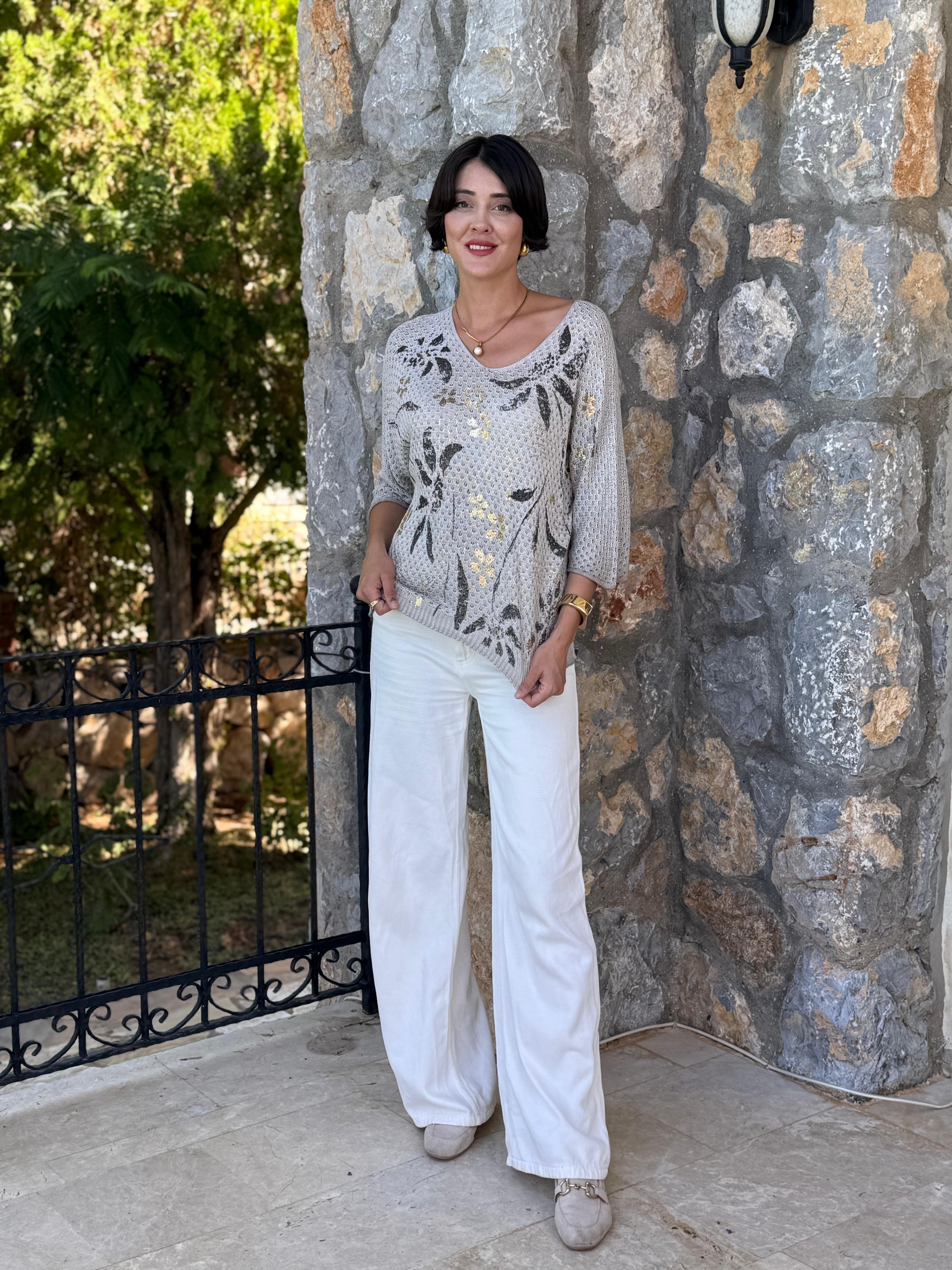 FXLS7514 İtalyan Yaprak Desen Triko Bluz Krem