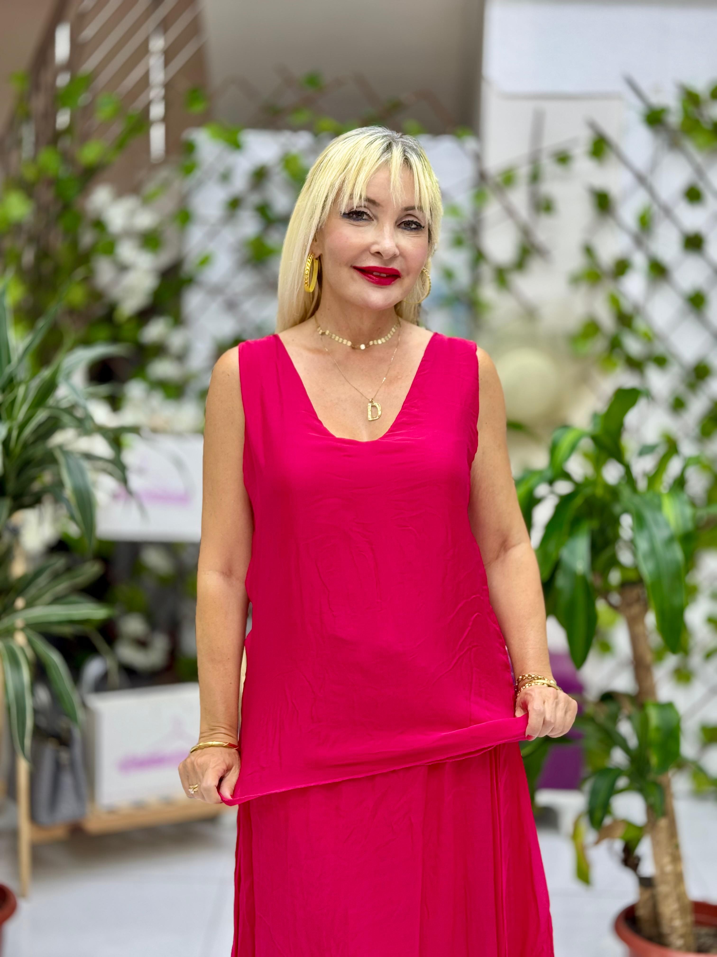 LS79772 İtalyan Kolsuz Sırt Bağlamalı İpek Bluz Fuşya