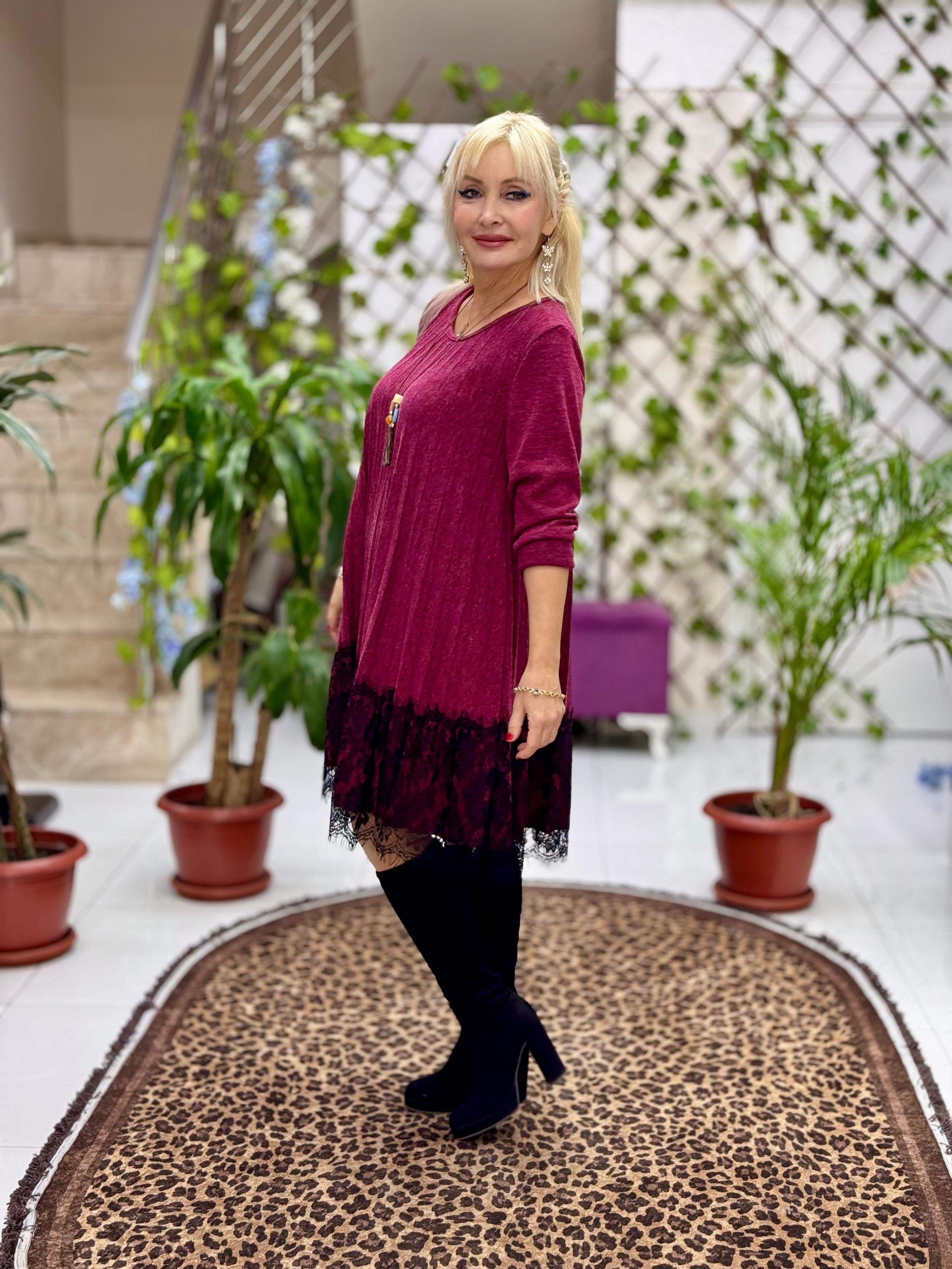 NC21868 Etek Ucu Dantelli Pileli Kolyeli İtalyan Triko Elbise Vişne