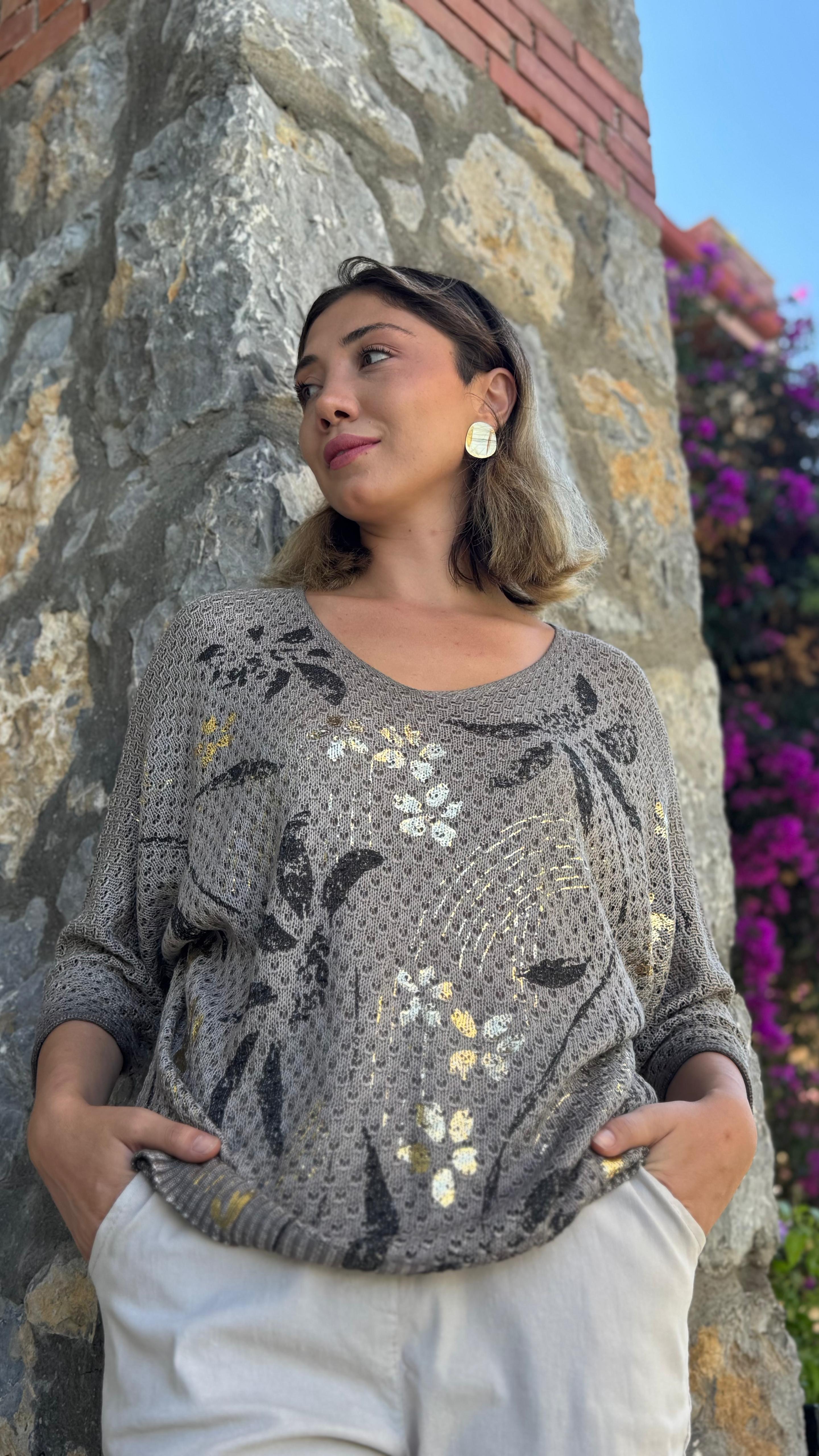 FXLS7514 İtalyan Yaprak Desen Triko Bluz Vizon