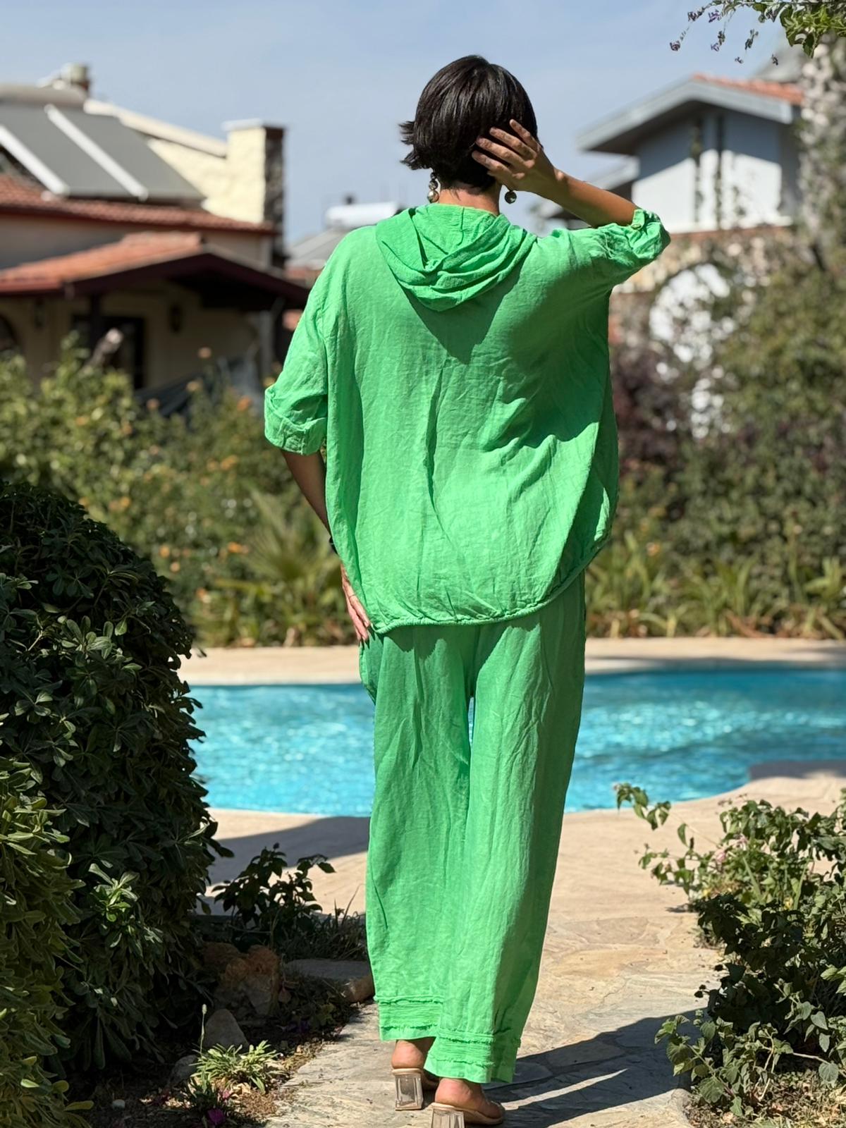 PT2256 İtalyan Önü Cepli Kapüşonlu Keten Takım Yeşil