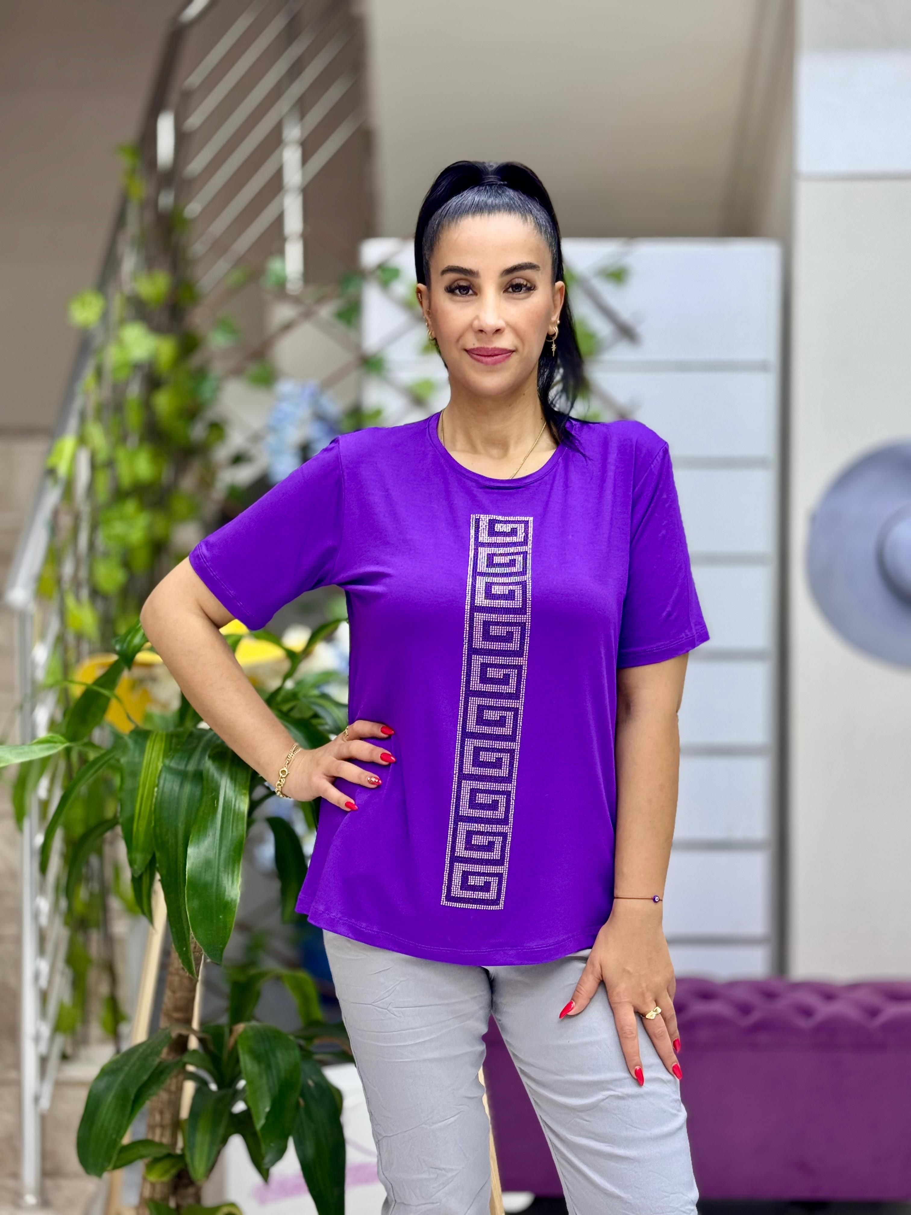 MS4222 Şerit Desenli  Penye Bluz Mor