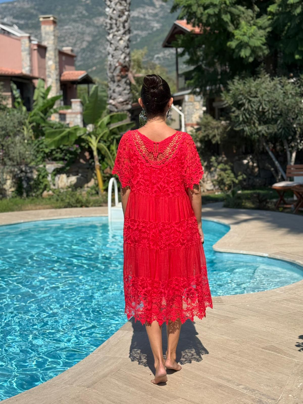 NCC10337 İtalyan İpek Elbise kırmızı