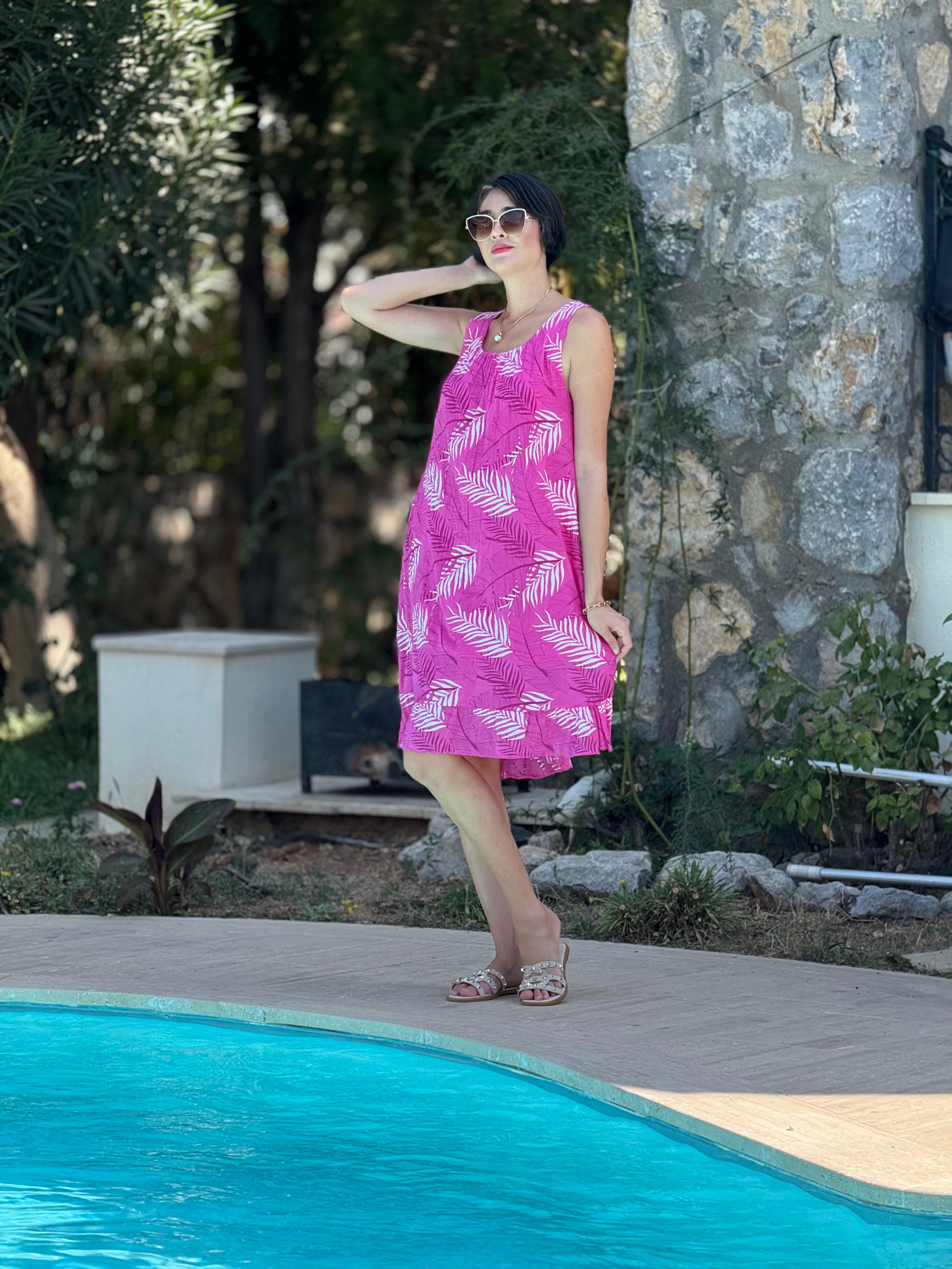 YG205070 İtalyan Yaprak Desen Coton Elbise Pembe