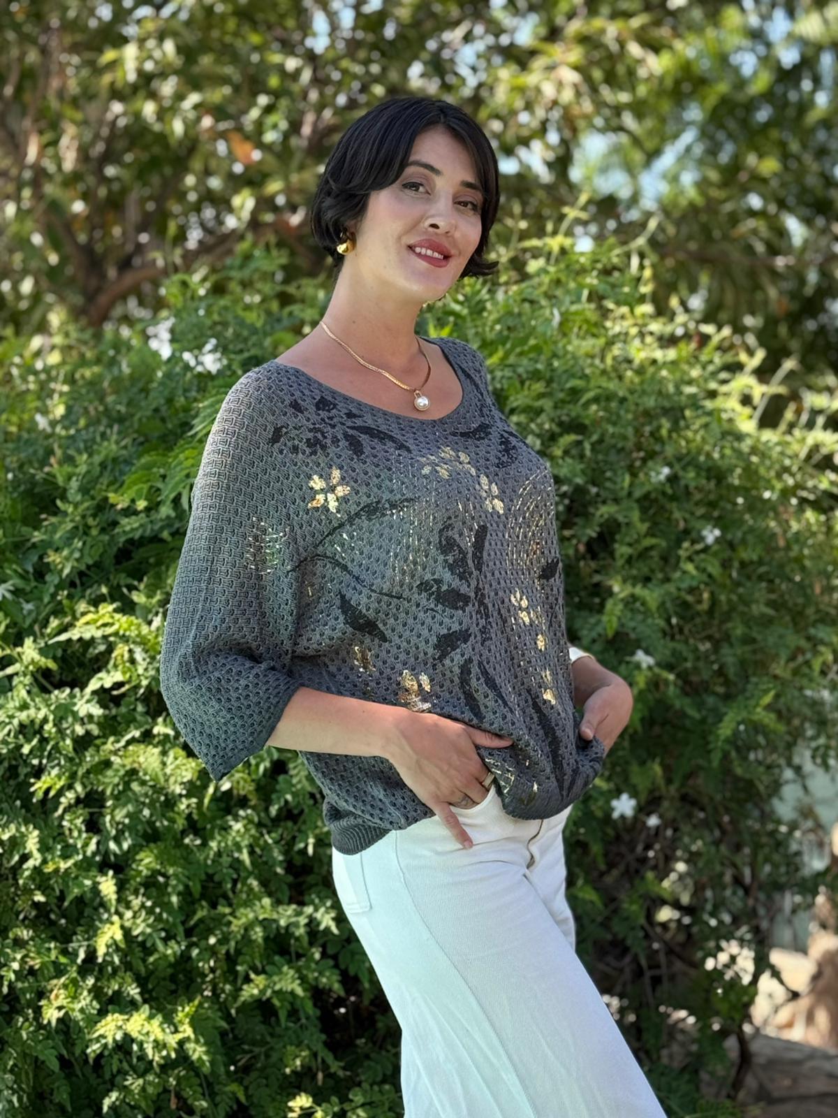 LS7514 İtalyan Yaprak Desen Triko Bluz Haki