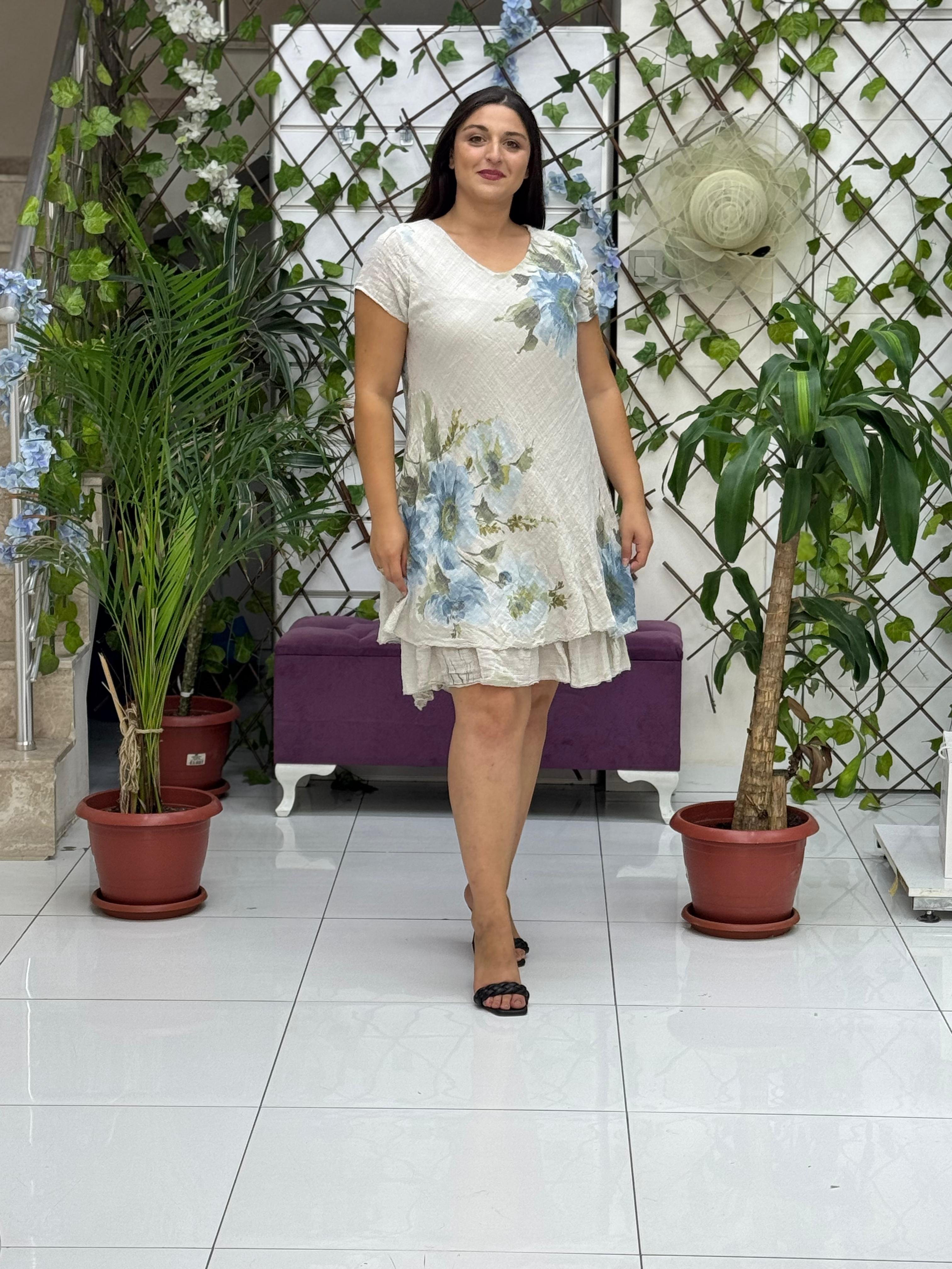 N5012-26 Vestido Italiano De Lino De Algodón Manga Corta Blanco