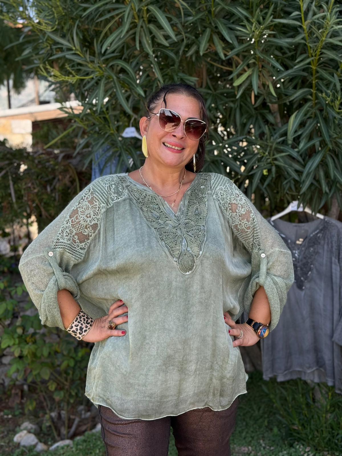 NC1868 Pul Payetli Omuz Dantelli İpek Triko İtalyan Bluz Yeşil