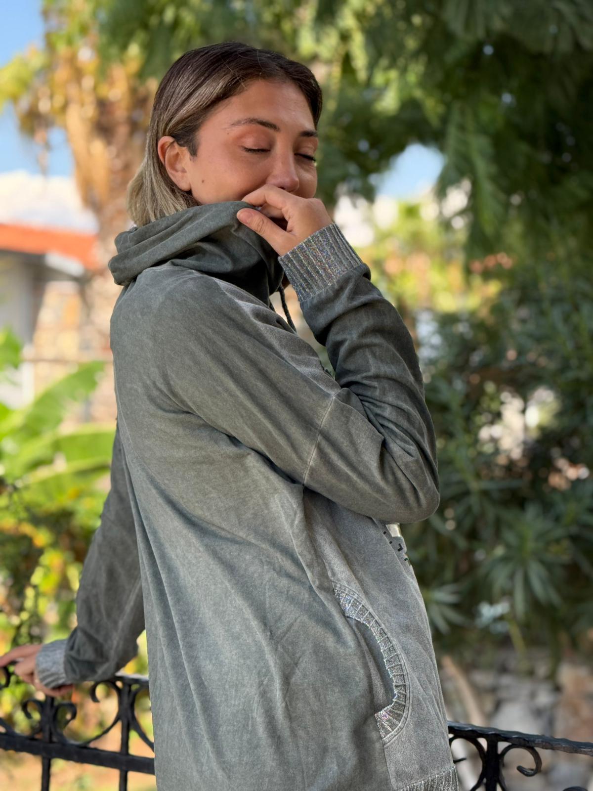 NC53050D İtalyan Yazı Baskılı Cepli Kapüşonlu Coton Sweatshirt Haki