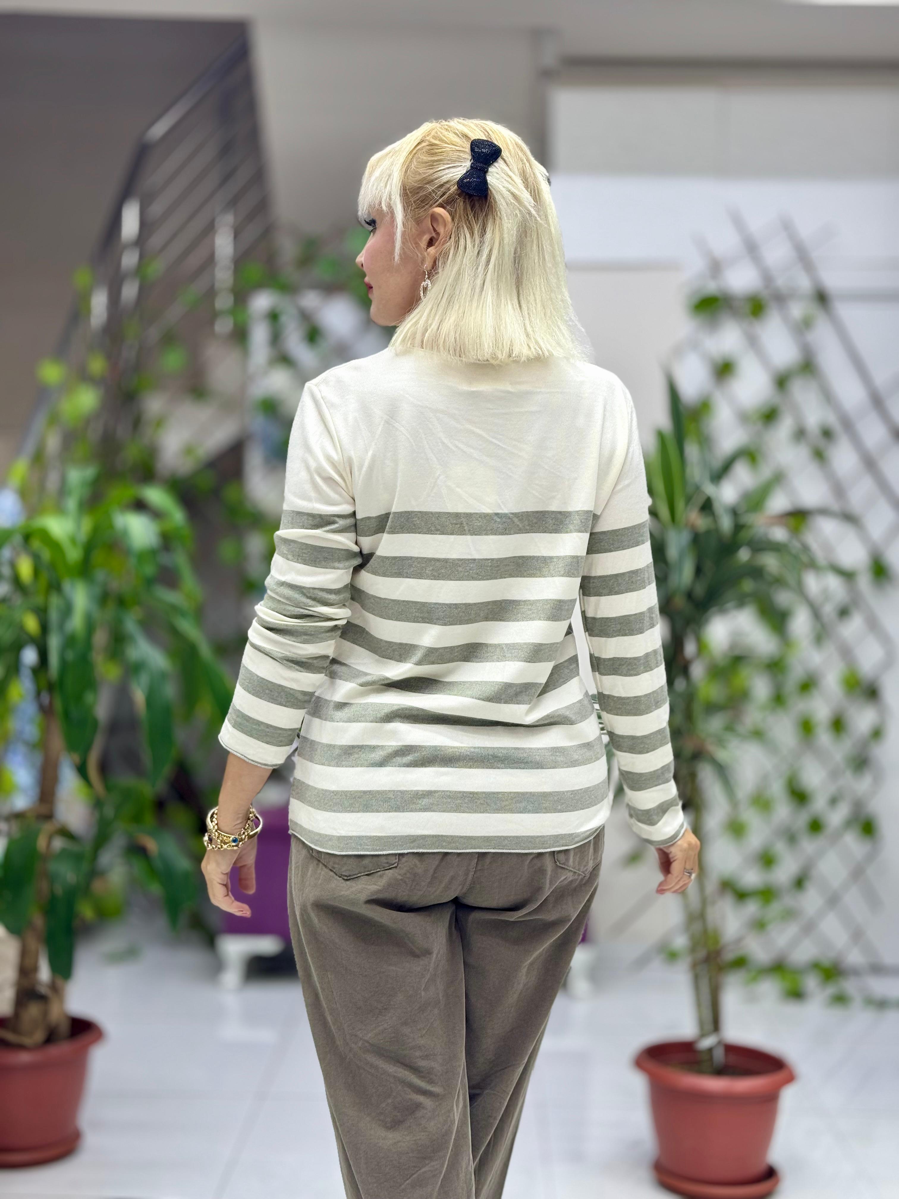 NC20251 İtalyan Yatay Çizgili V Yaka Triko Bluz Yeşil