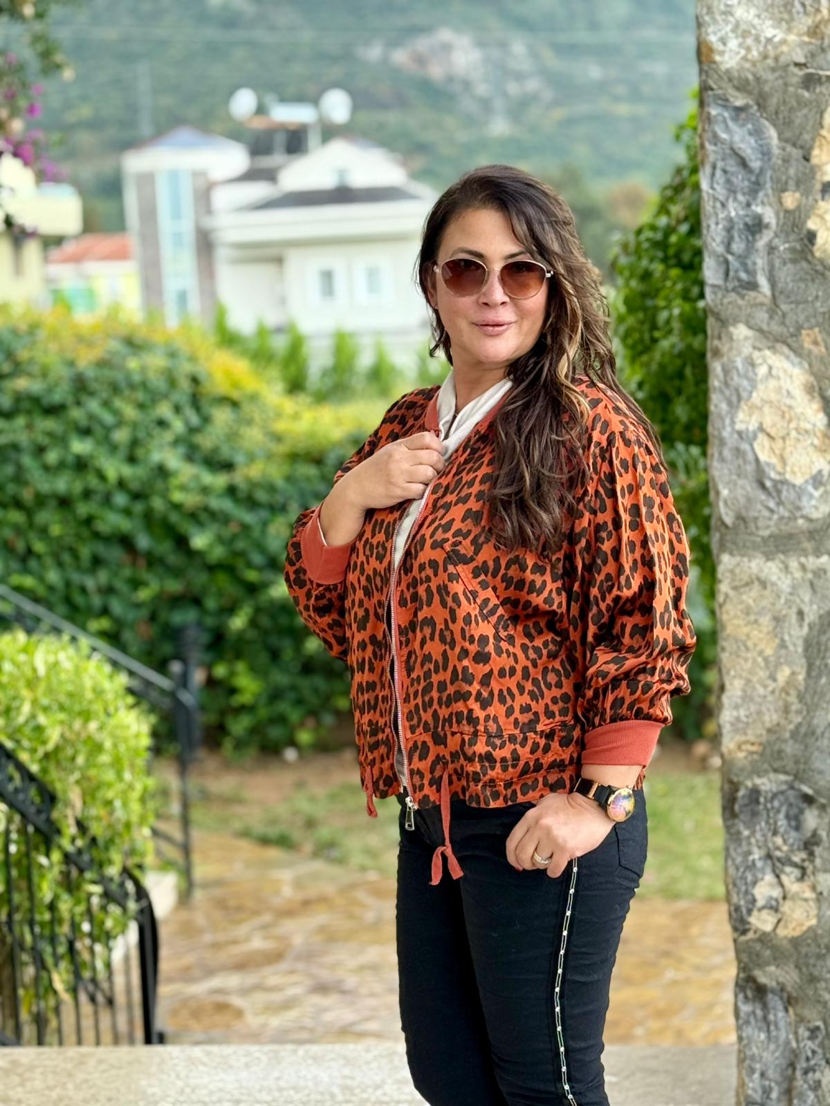 YG837903 İtalyan Leoparlı Saten İpek Ceket Oranj