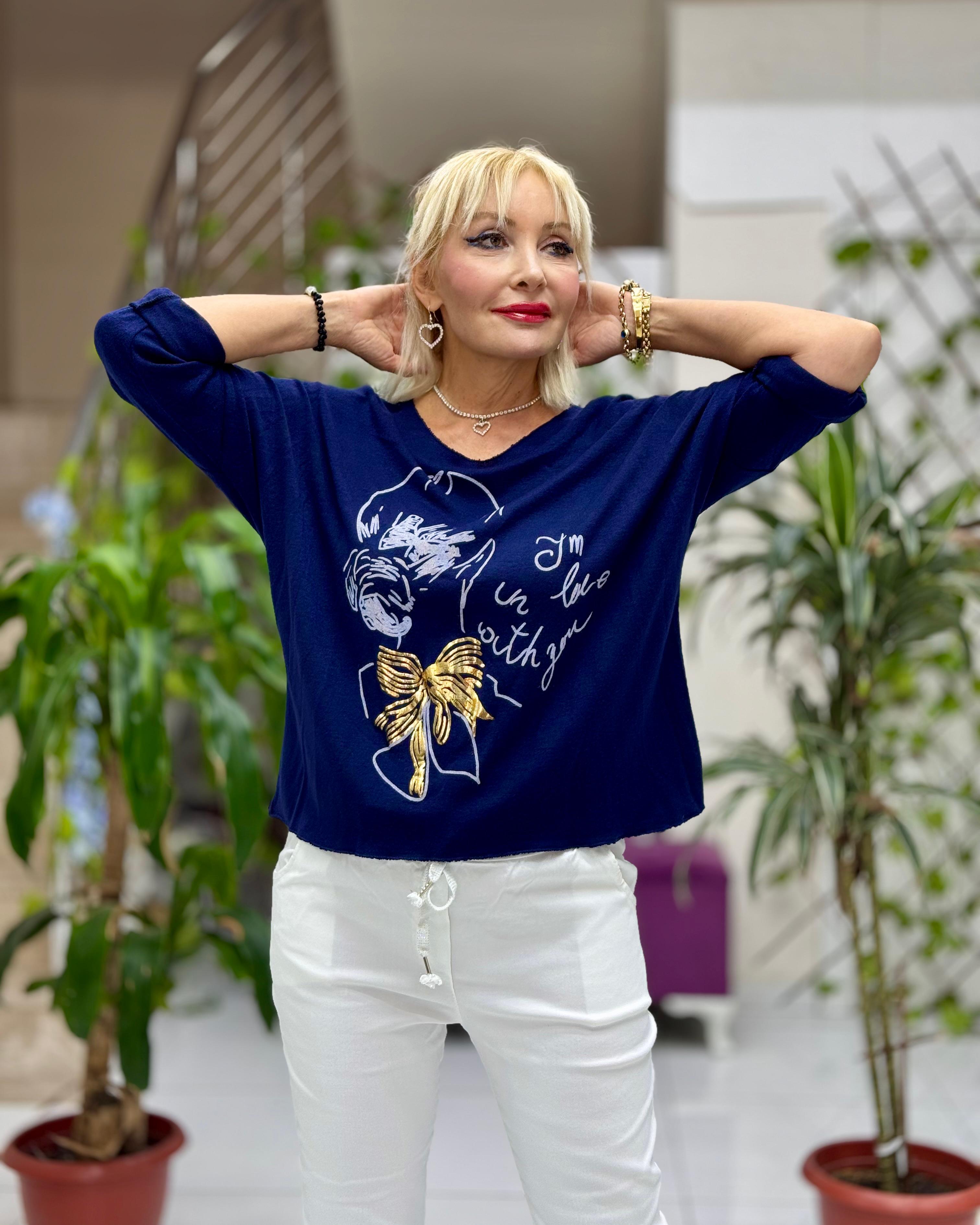 YG5810 Baskılı İtalyan Triko Bluz Lacivert