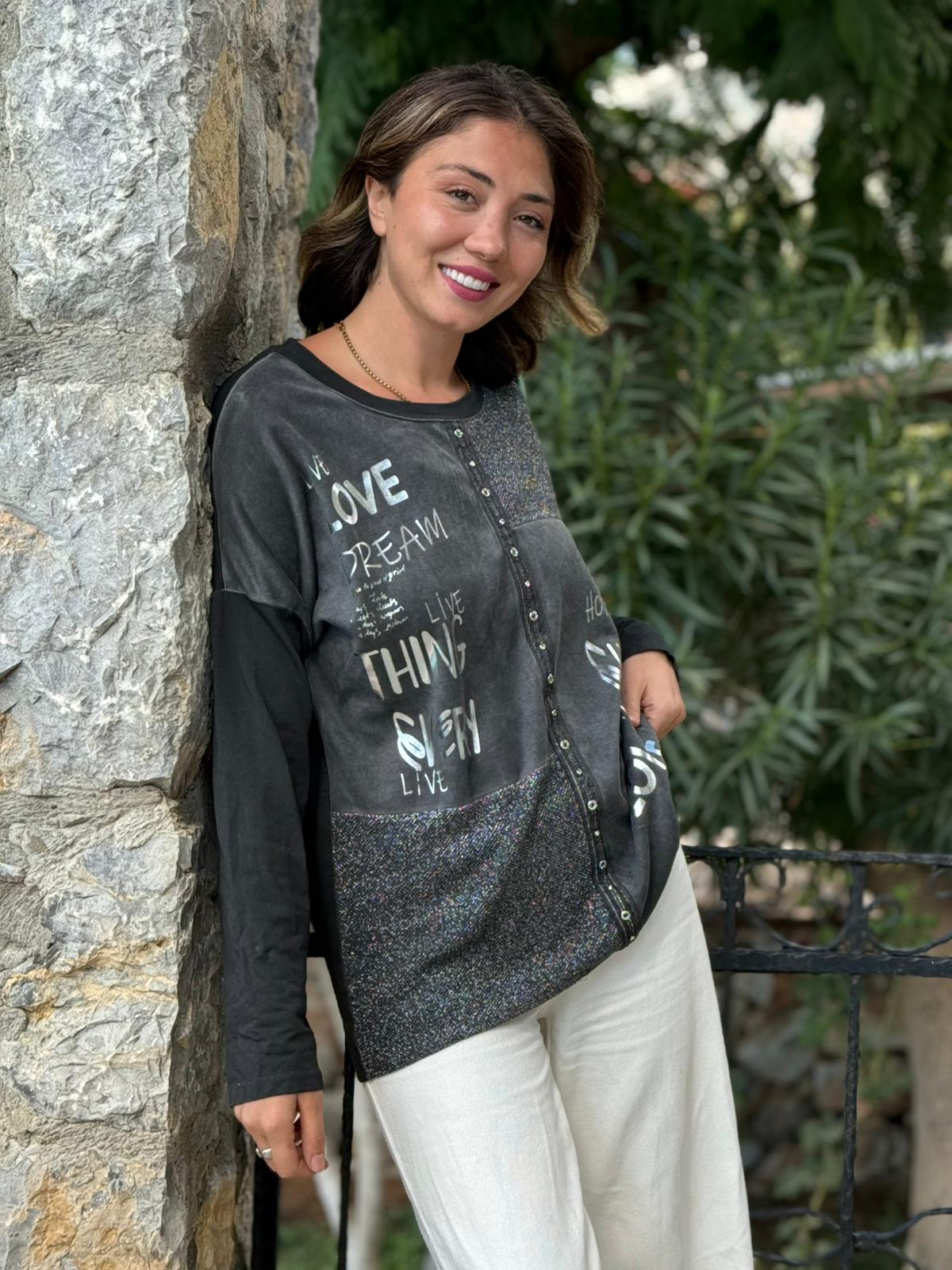 NC53761 İtalyan Yazılı Ve Taşlı Coton Sweatshirt Siyah