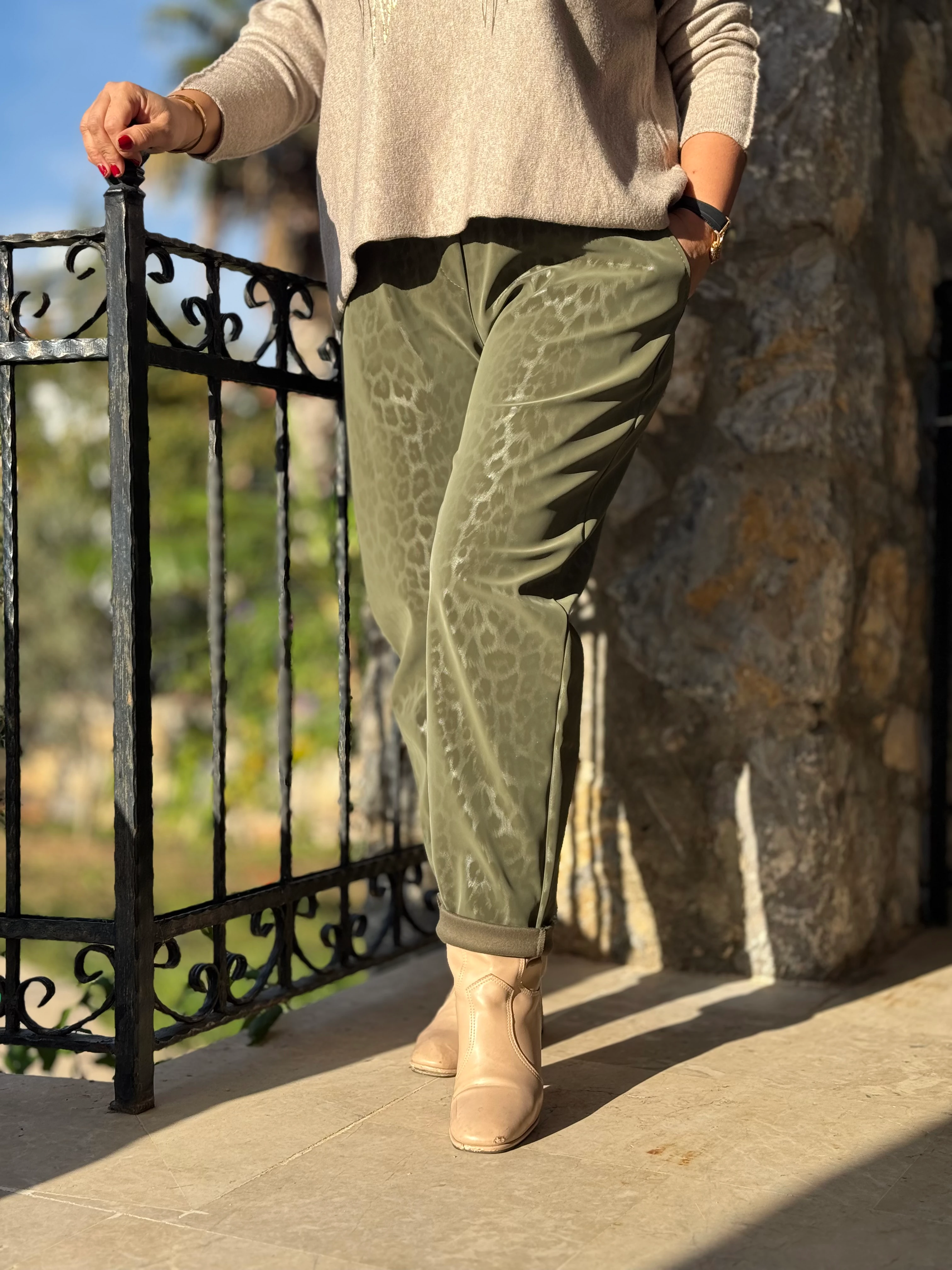 NC242976 italyan Leopar Desen Deri Pantolon Haki