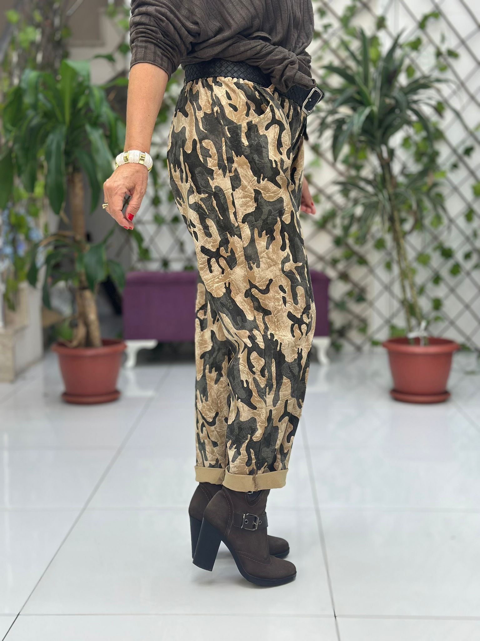 NC242975 İtalyan Kamufulaj Likralı Coton Pantolon Camel