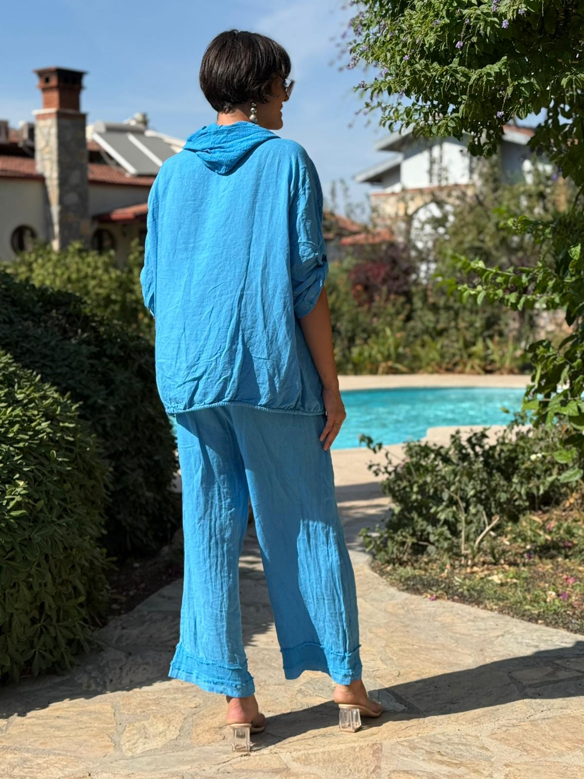 PT2256 İtalyan Önü Cepli Kapüşonlu Keten Takım Mavi